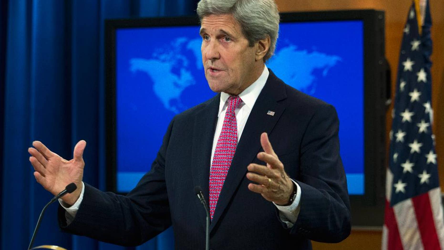 Secretary of State John Kerry presents the 2015 Country Reports on Human Rights Practices, Wednesday, April 13, 2016, at State Department in Washington. ( AP Photo/Jose Luis Magana)
