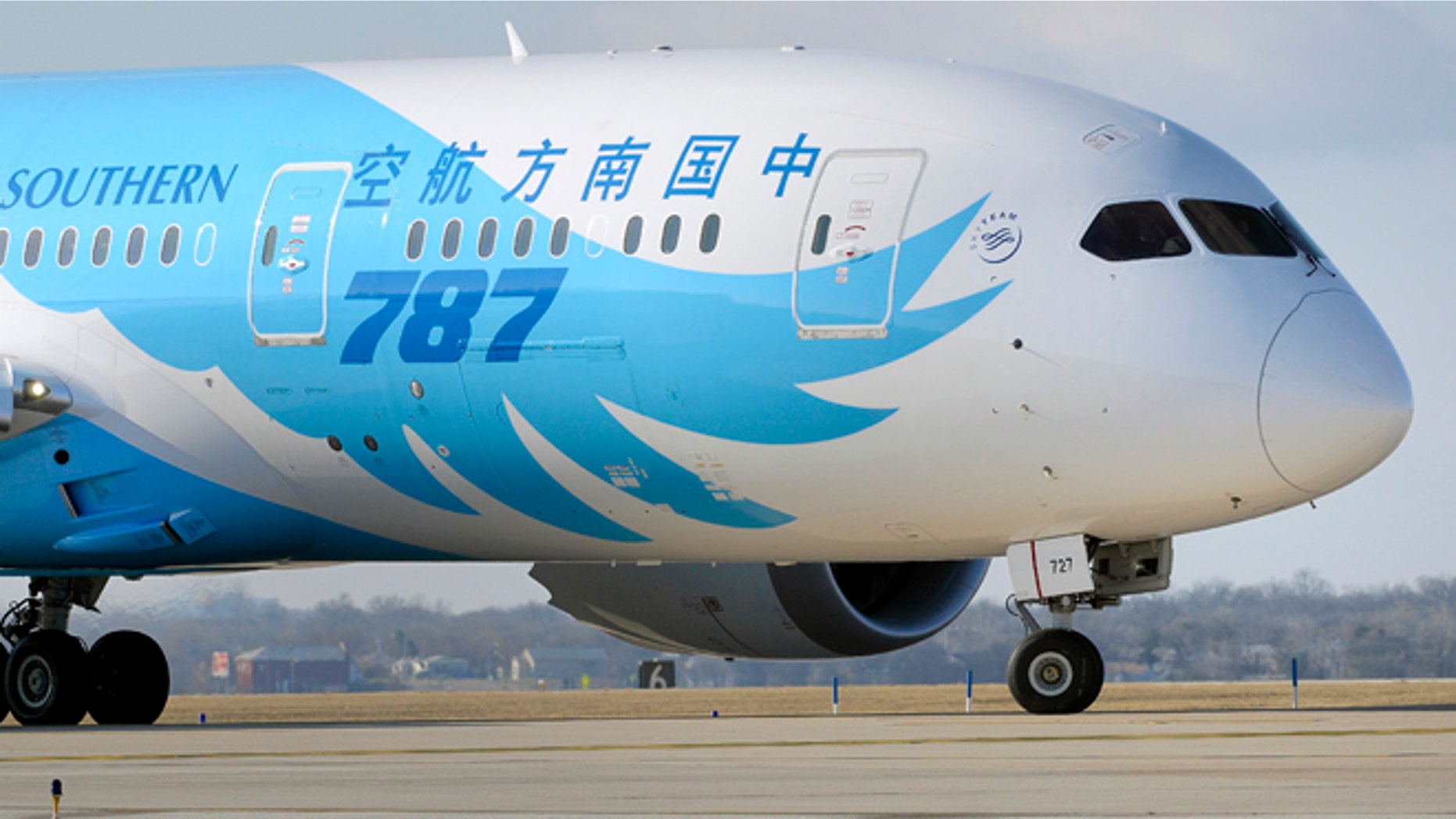 Feb. 7, 2013: A Boeing 787 jet that has been at Meacham International Airport in Fort Worth, Texas for about a month while being painted for China Southern, prepares to take off.
