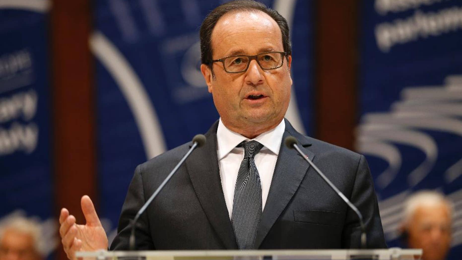 French President Francois Hollande delivers his speech at the Council of Europe in Strasbourg, eastern France, Tuesday, Oct. 11, 2016. Russian President Vladimir Putin indefinitely postponed a visit to France amid differences over its program, the Kremlin said Tuesday, a move that comes amid a bitter rift over Syria. (AP Photo/Jean-Francois Badias)