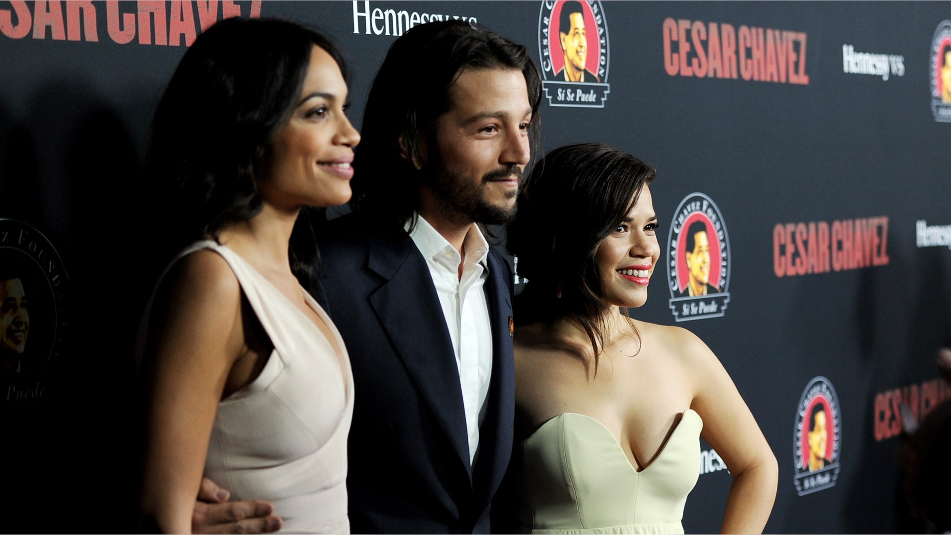 LOS ANGELES, CA - MARCH 20: (L-R) Actress Rosario Dawson, director Diego Luna and actress America Ferrera arrive at the premiere of Pantelion Films And Participant Media's "Cesar Chavez" at the Chinese Theatre on March 20, 2014 in Los Angeles, California. (Photo by Kevin Winter/Getty Images)