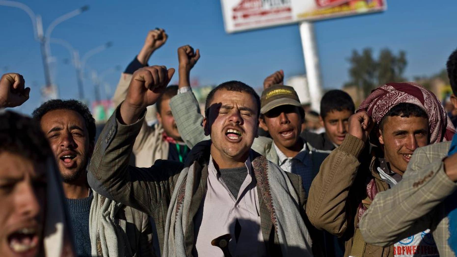 Houthi Shiite Yemenis chant slogans during a rally to show support for their comrades, in Sanaa, Yemen, Wednesday, Jan. 28, 2015. (AP Photo/Hani Mohammed)