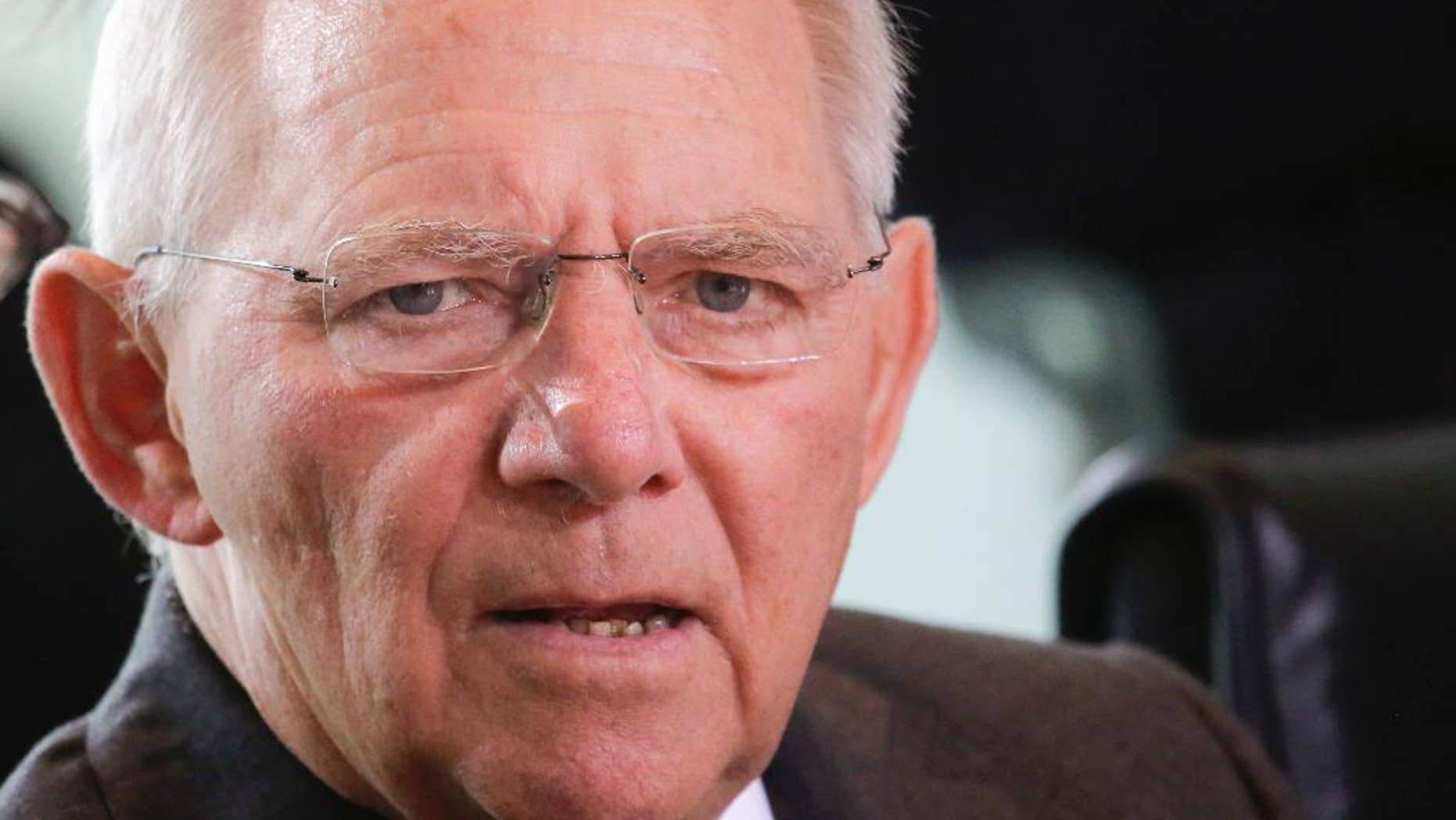German Finance minister Wolfgang Schaeuble arrives for the cabinet meeting of the German government at the chancellery in Berlin, Germany, Wednesday, May 4, 2016. Schaeuble will presents the latest tax estimate for Germany later the day. (AP Photo/Markus Schreiber)