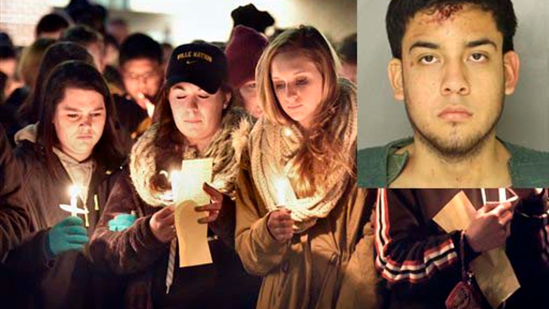 Millersville University students attend a candlelight vigil for slain student Karlie Hall in front of the Student Memorial Center, Monday, Feb. 9, 2015, in Millersville, Pa. Hall's boyfriend, Gregorio Orrostieta, was found guilty of third degree murder. (AP Photo/LNP, Suzette Wenger)