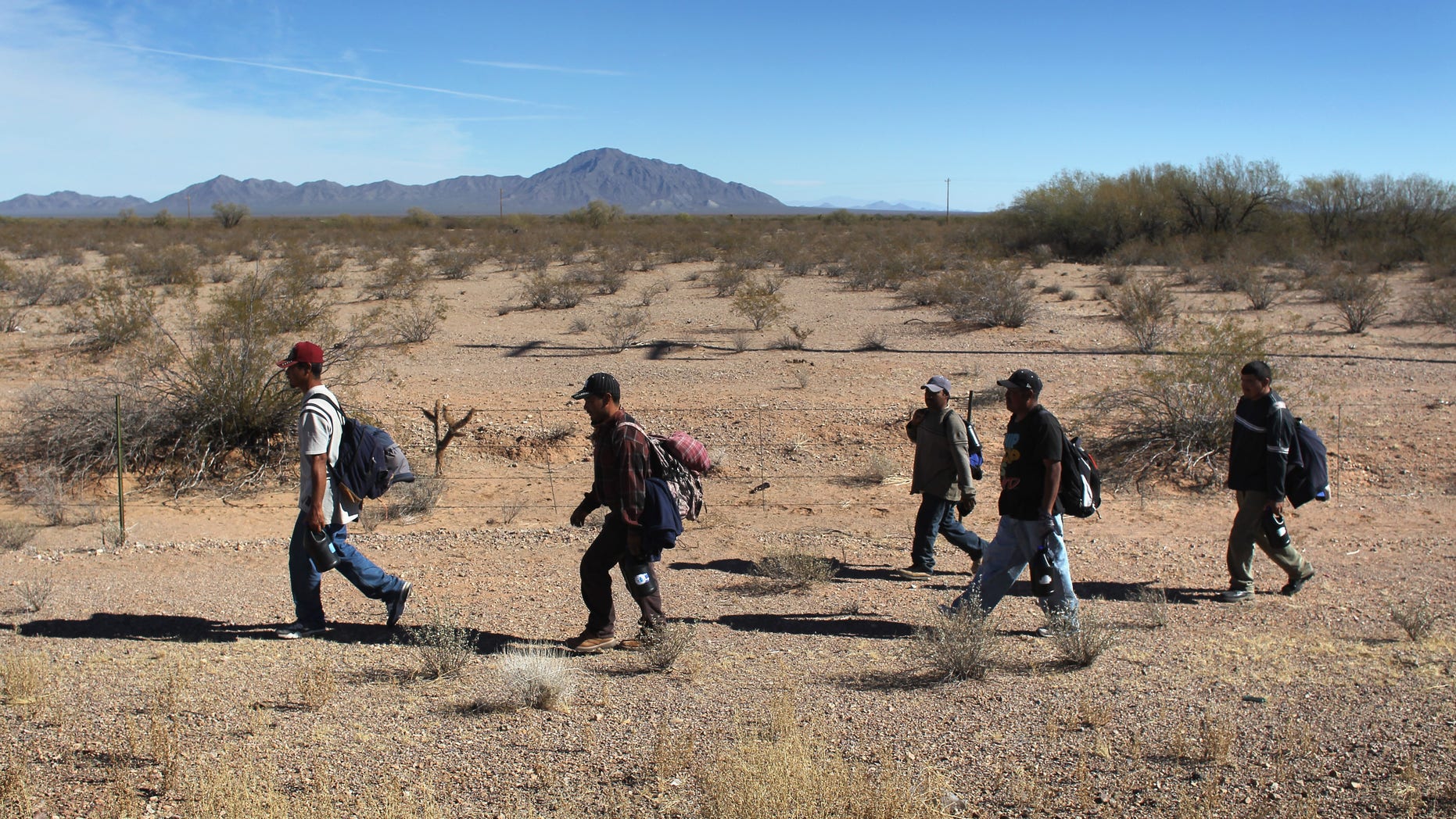 TOHONO O'ODHAM NATION, AZ - JANUARY 19: Undocumented Mexican immigrants walk through the Sonoran Desert after illegally crossing the U.S.-Mexico border border on January 19, 2011 into the Tohono O'odham Nation, Arizona. The immigrants said they had wandered the desert lost for a week after crossing from Mexico into the vast Indian reservation at night. Exhausted, they requested the Border Patrol to pick them up and take them to the U.S.-Mexico border, from where they would return to their homes in the Mexican state of Sonora. They had come, they said, to reach Phoenix and find work in construction or landscaping. All said they had worked in Arizona before. (Photo by John Moore/Getty Images)