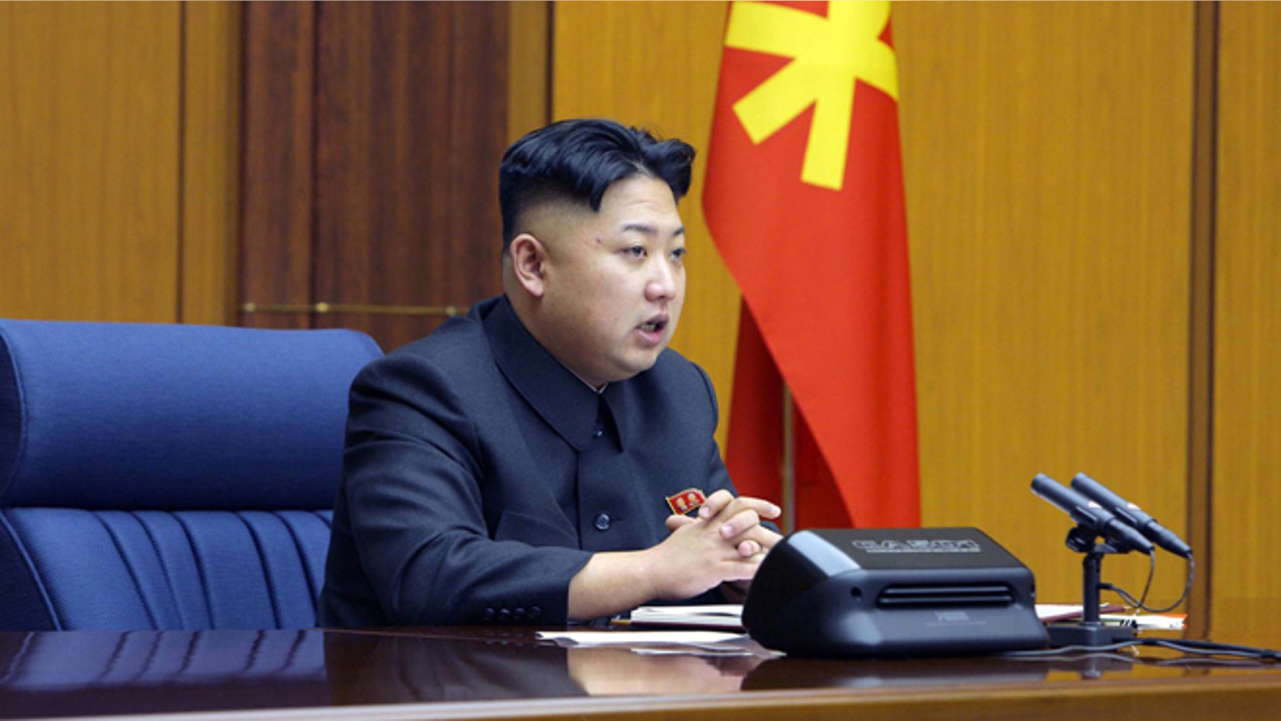 Feb. 3, 2013: In this undated photo released by the Korean Central News Agency and distributed Sunday in Tokyo by the Korea News Service, North Korean leader Kim Jong Un attends an enlarged meeting of the Central Military Commission of the Workers' Party of Korea at an undisclosed location of North Korea. (AP)