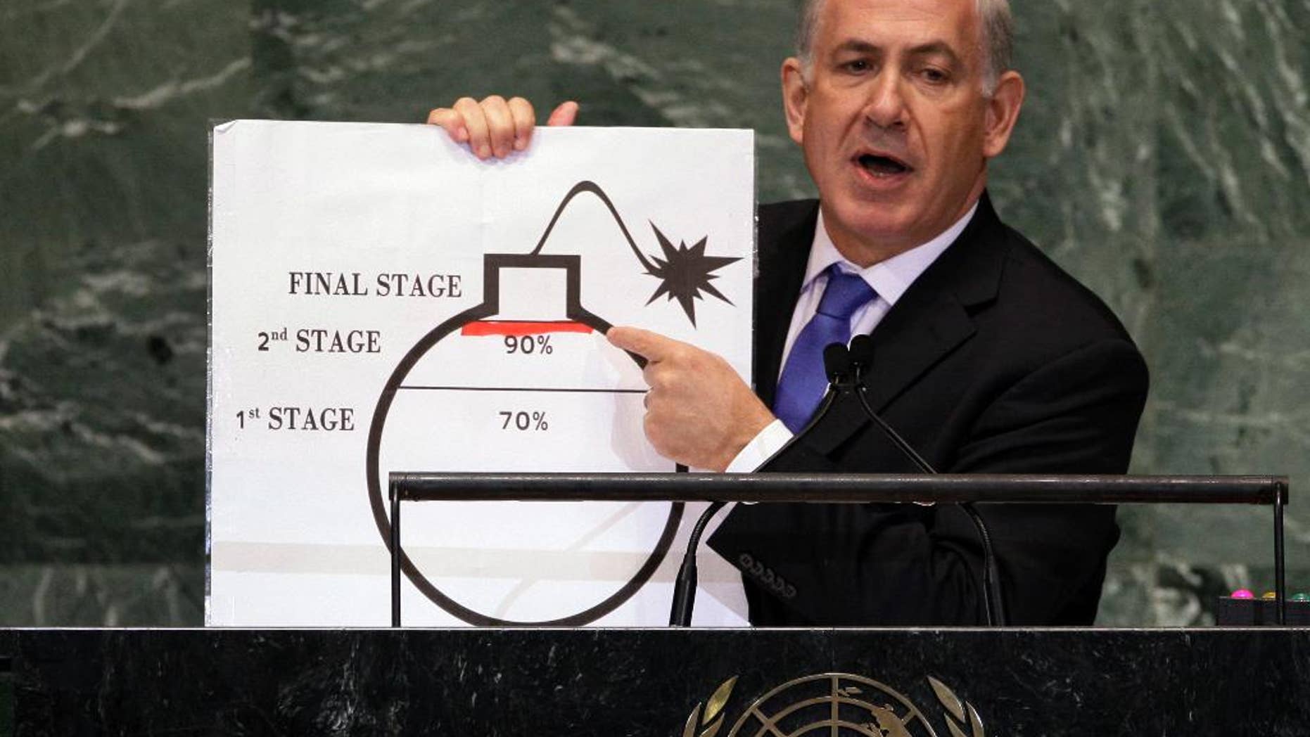 FILE - In this Thursday, Sept. 27, 2015 file photo, Israeli Prime Minister Benjamin Netanyahu shows an illustration as he describes his concerns over Iran's nuclear ambitions during his address to the 67th session of the United Nations General Assembly at U.N. headquarters. In his sharpest criticism yet, Israeli Prime Minister Benjamin Netanyahu said Wednesday, Feb. 25, 2015 that world powers "have given up" on stopping Iran from developing nuclear weapons in ongoing negotiations.(AP Photo/Richard Drew, File)