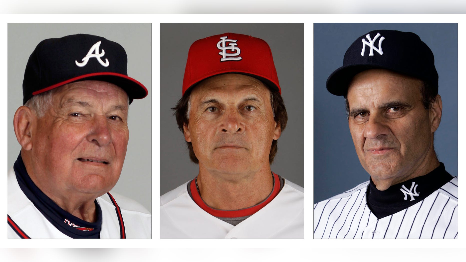 FILE - From left are Atlanta Braves manager Bobby Cox in 2010, St. Louis Cardinals manager Tony La Russa in 2011 and New York Yankees manager Joe Torre in 2007. Cox,La Russa and Torre were among the candidates considered by the Hall of Fame's expansion era committee in voting scheduled to be announced Monday, Dec. 9, 2013. The trio of retired managers was joined on the 12-man ballot by a pair of much-debated figures who died in recent years: New York Yankees owner George Steinbrenner and pioneering players' union head Marvin Miller. (AP Photo/File)