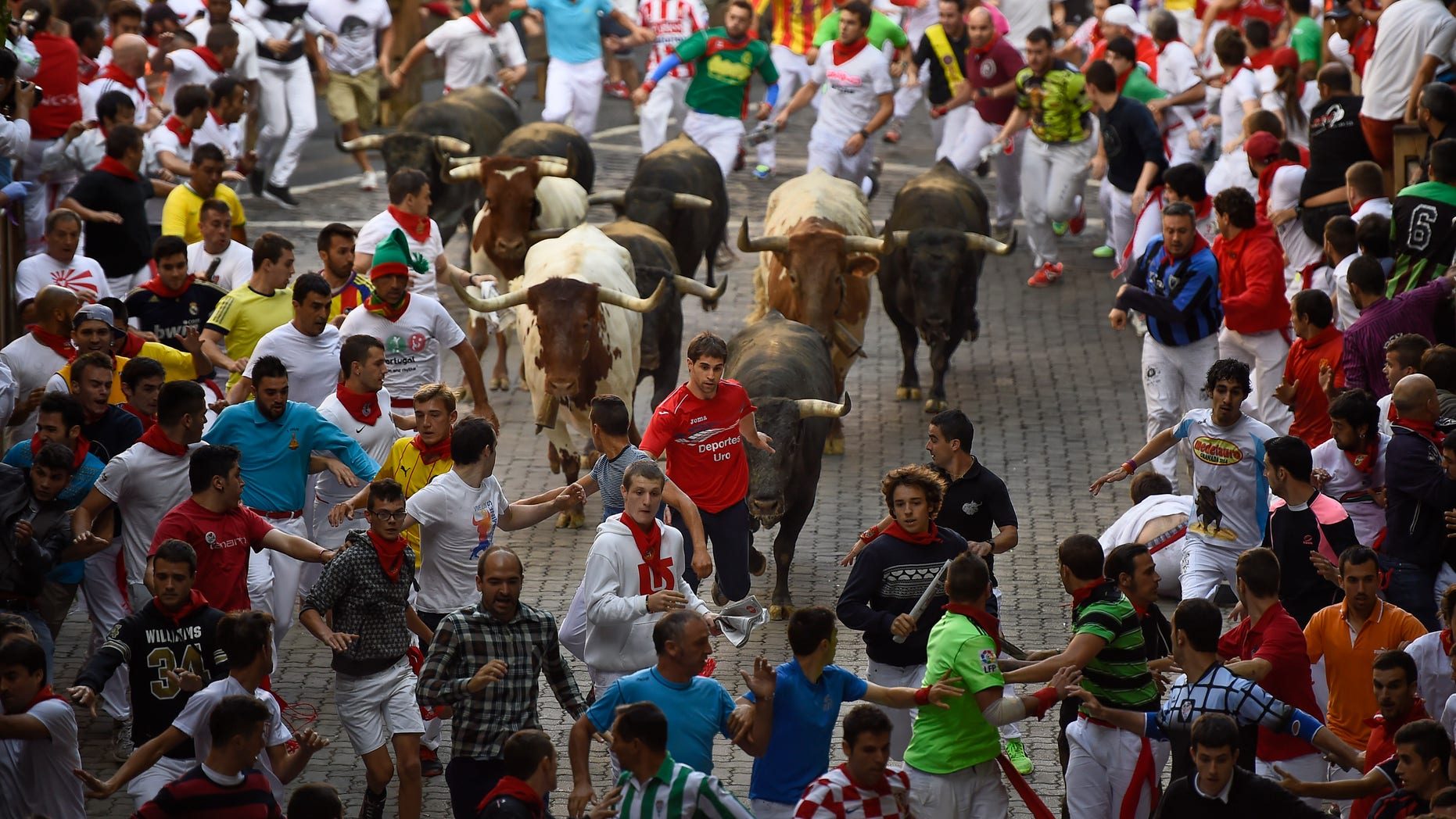 San Fermin Festival in Pamplona, Spain, Tuesday, July 14, 2015.