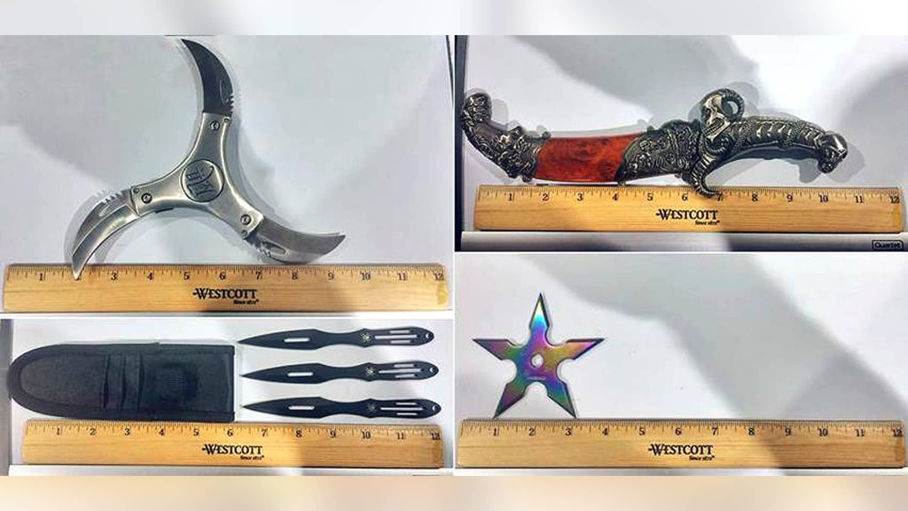This May 9, 2016 panel of photos released by the Transportation Security Administration shows a dagger and several martial arts weapons confiscated at at TSA checkpoint Saturday, May 7, 2016 at LaGuardia Airport in New York. A resident of New Haven, Conn., was arrested. The TSA has not released his identity. (Transportation Security Administration via AP)