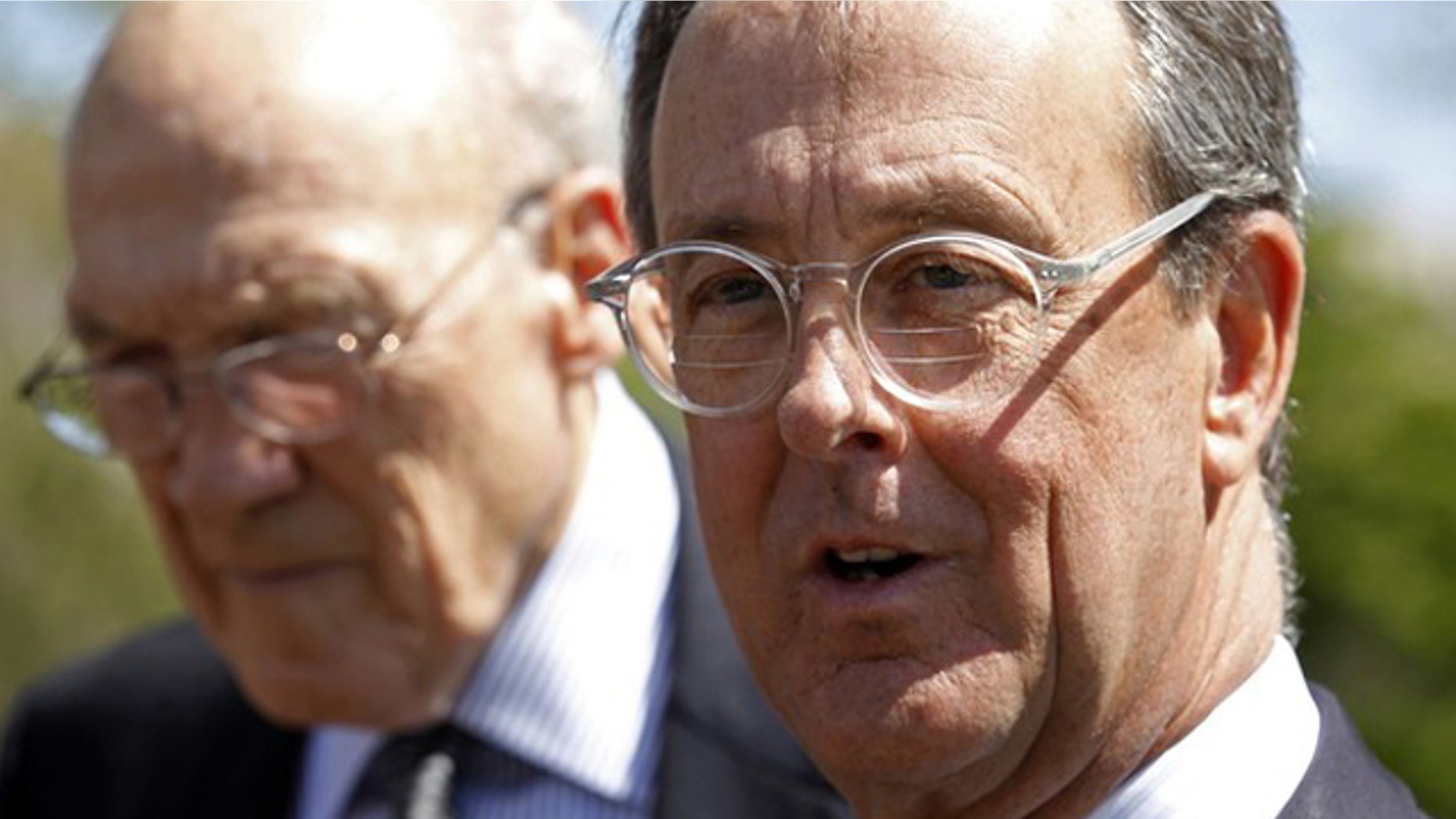 FILE: April 14, 2011: Fiscal commission co-chairs Alan Simpson, left, and Erskine Bowles speak to reporters in Washington.