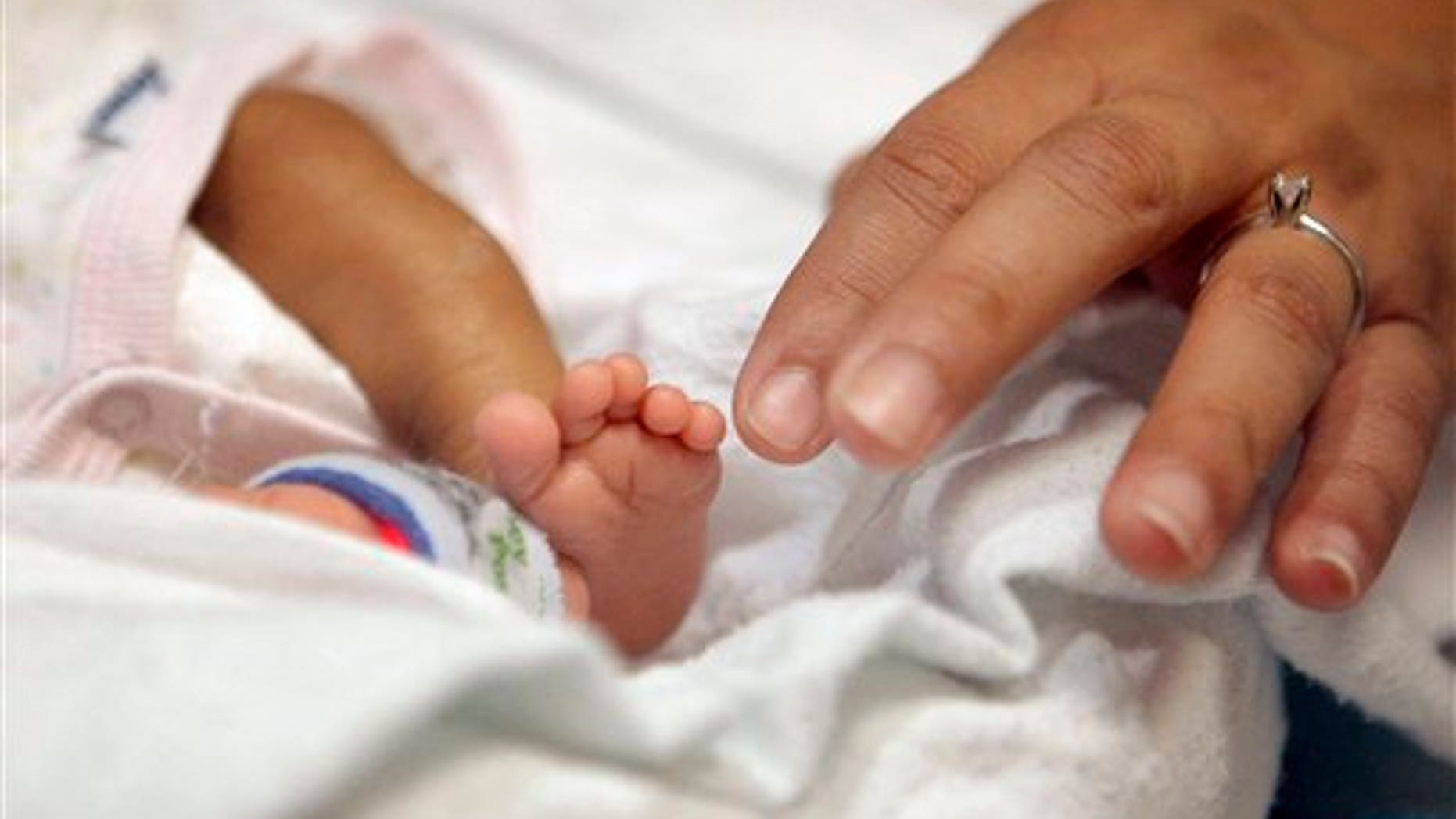 Haydee Ibarra, right, touches her 14-week-old daughter, Melinda Star Guido's toes at the Los Angeles County-USC Medical Center in Los Angeles, Wednesday, Dec. 14, 2011. At birth, Melinda Star Guido tipped the scales at only 9 1/2 ounces, a tad less than the weight of two iPhone 4S. Most babies her size dont survive, but doctors are preparing to send her home as soon as the end of the month. Melinda is believed to be the second smallest baby to survive in the United States and the third smallest in the world. (AP Photo/Jae C. Hong)