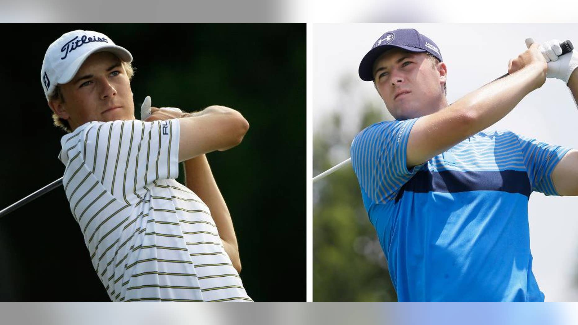 FILE - At left, in a May 20, 2010, file photo, Jordan Spieth, 16, a junior at Jesuit College Preparatory School in Dallas, watches his shot off the 12th tee during the first round of the Byron Nelson golf tournament in Irving, Texas. At right, in a May 28, 2015, file photo, Jordan Spieth watches his tee shot on the third hole during the first round of the Byron Nelson golf tournament, in Irving, Texas. Spieth is back home, at the tournament he and his father have hopped a fence to watch and at the TPC course where as a 16-year-old he played his first PGA Tour event. (AP Photo/File)