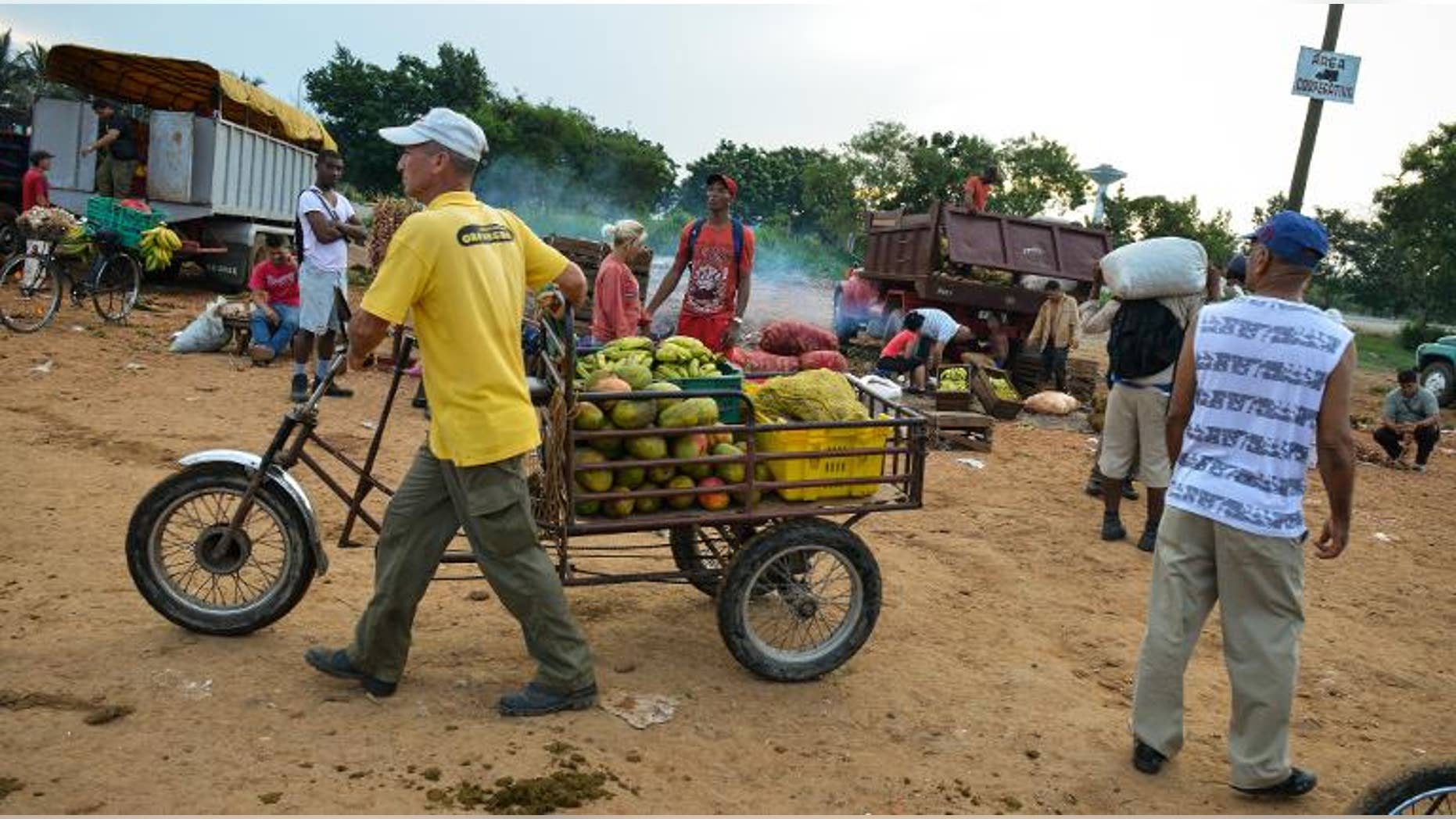 A fruits and vegetables retailer leaves a wholesale market in Havana, on August 6, 2013.