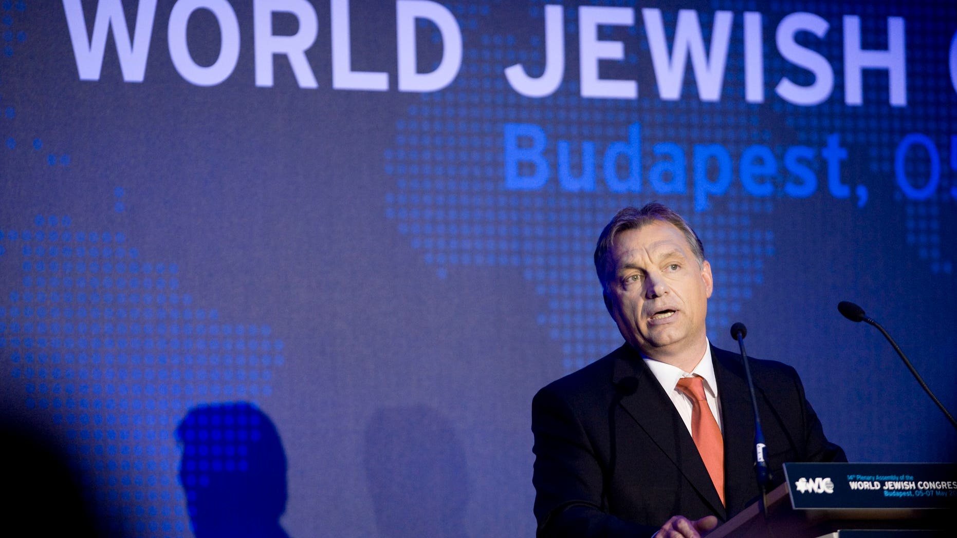 Hungarian Prime Minister Viktor Orban delivers his speech during the opening dinner of the World Jewish Congress in Budapest, Hungary, Sunday, May 5, 2013. (AP Photo/MTI, Szilard Koszticsak)