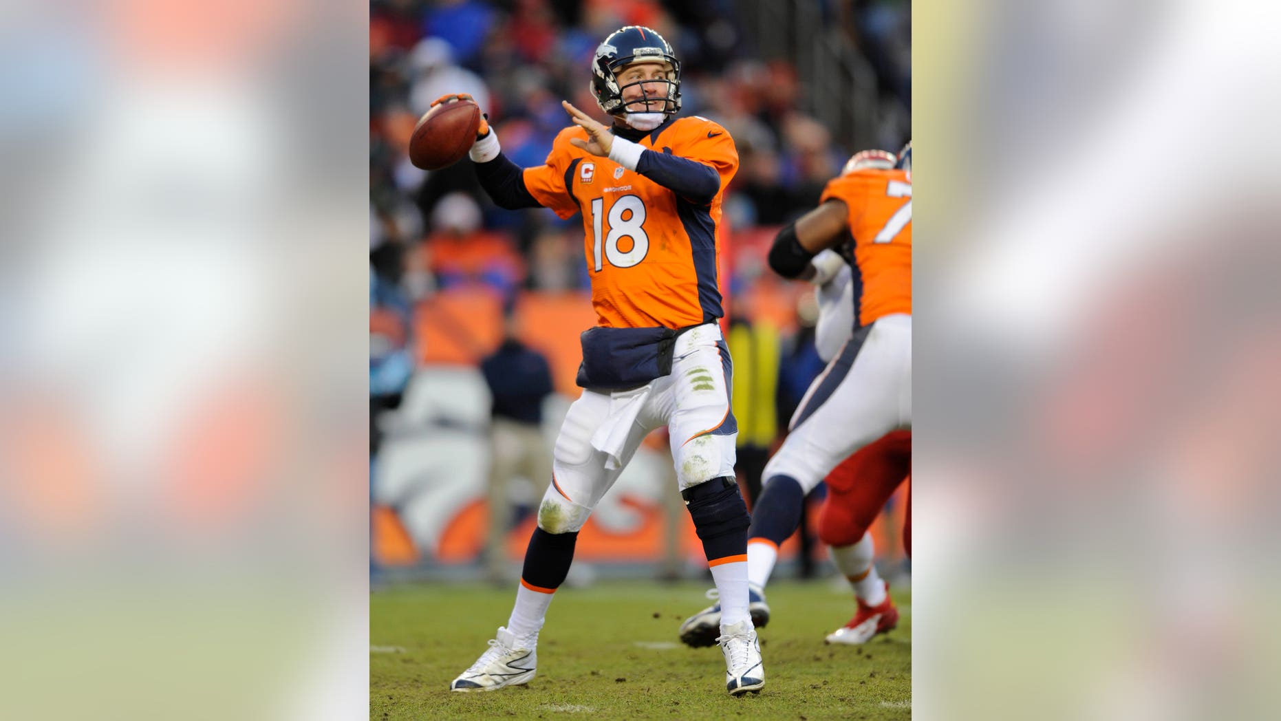 Denver Broncos quarterback Peyton Manning steps back to pass against the Kansas City Chiefs in the fourth quarter of an NFL football game, Sunday, Dec. 30, 2012, in Denver. (AP Photo/Jack Dempsey)