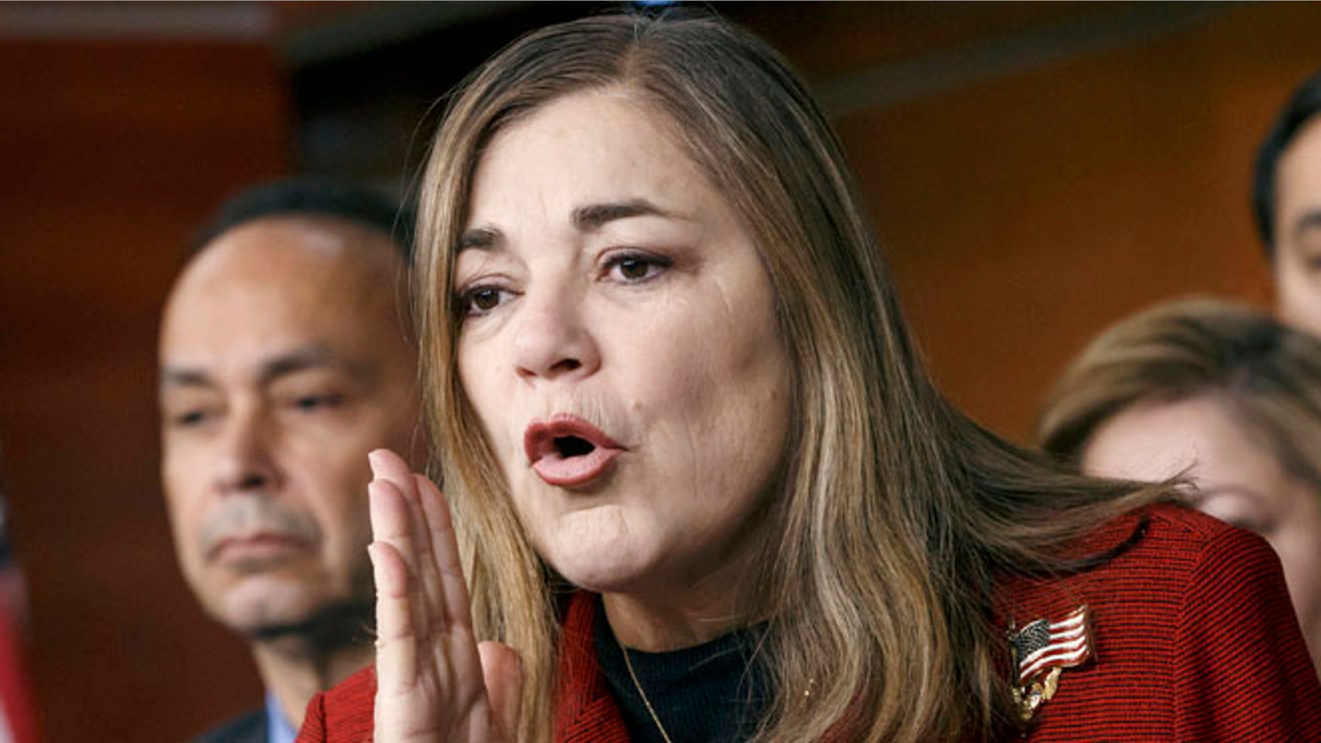 FILE - In this Feb. 13, 2015 file photo, Rep. Loretta Sanchez, D-Calif., responds to questions at a news conference on Capitol Hill in Washington. California Attorney General Kamala Harris would love to oust her strongest rival, fellow Democrat Sanchez, in the primary for Californiaâs open U.S. Senate seat, but itâs more likely the two will face off again in November. With time running short before the June 7 primary, it appears the two Democrats will be the top vote-getters, presenting a reminder of the waning influence of Republicans in the nation's most populous state. (AP Photo/J. Scott Applewhite, File)