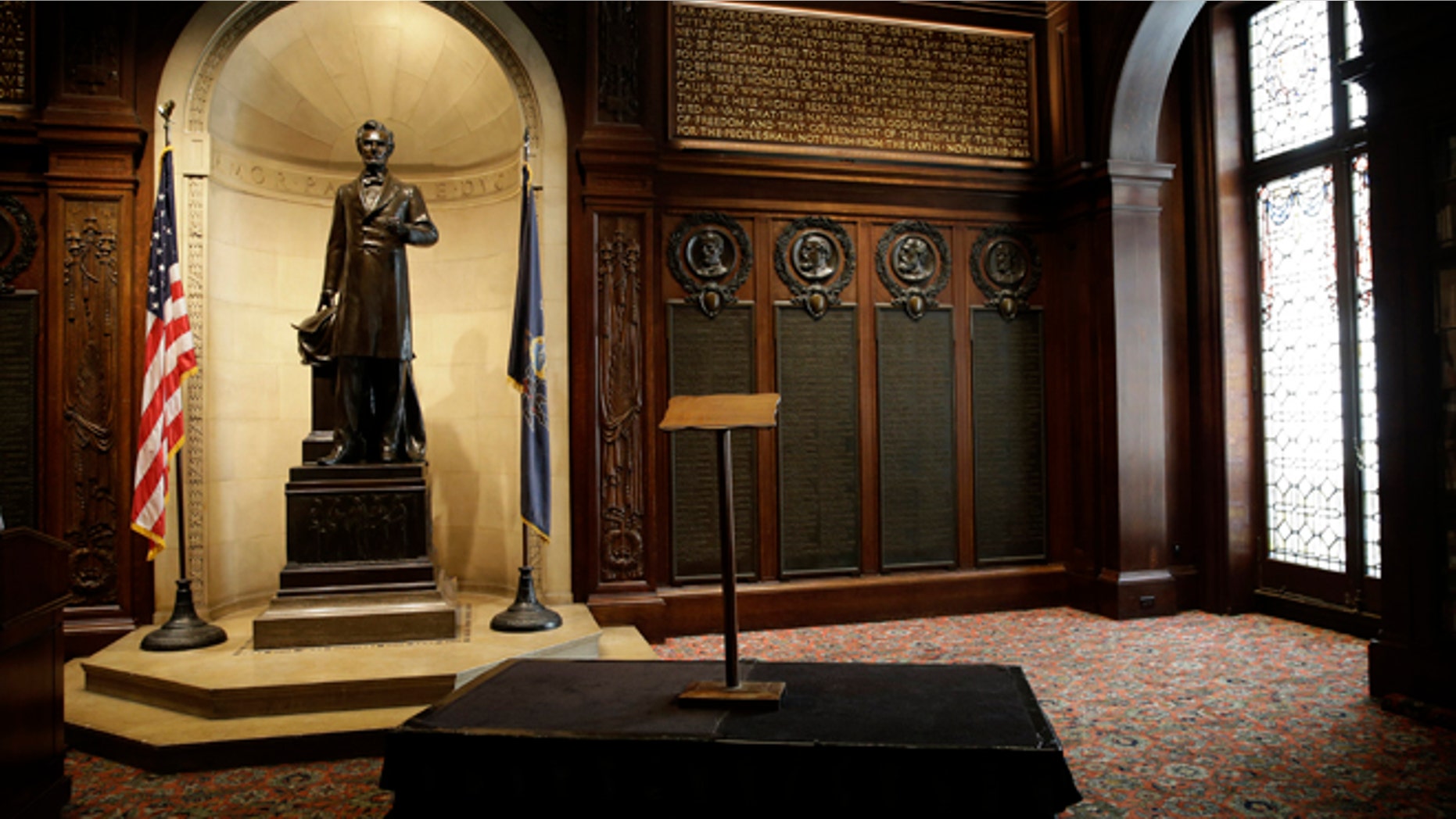 This photo shows the lectern President Abraham Lincoln used to deliver the Gettysburg Address before a news conference at The Union League of Philadelphia, Friday, Aug. 7, 2015, in Philadelphia. Pope Francis will use the lectern when he speaks outside Philadelphia's Independence Hall in September. (AP Photo/Matt Slocum)