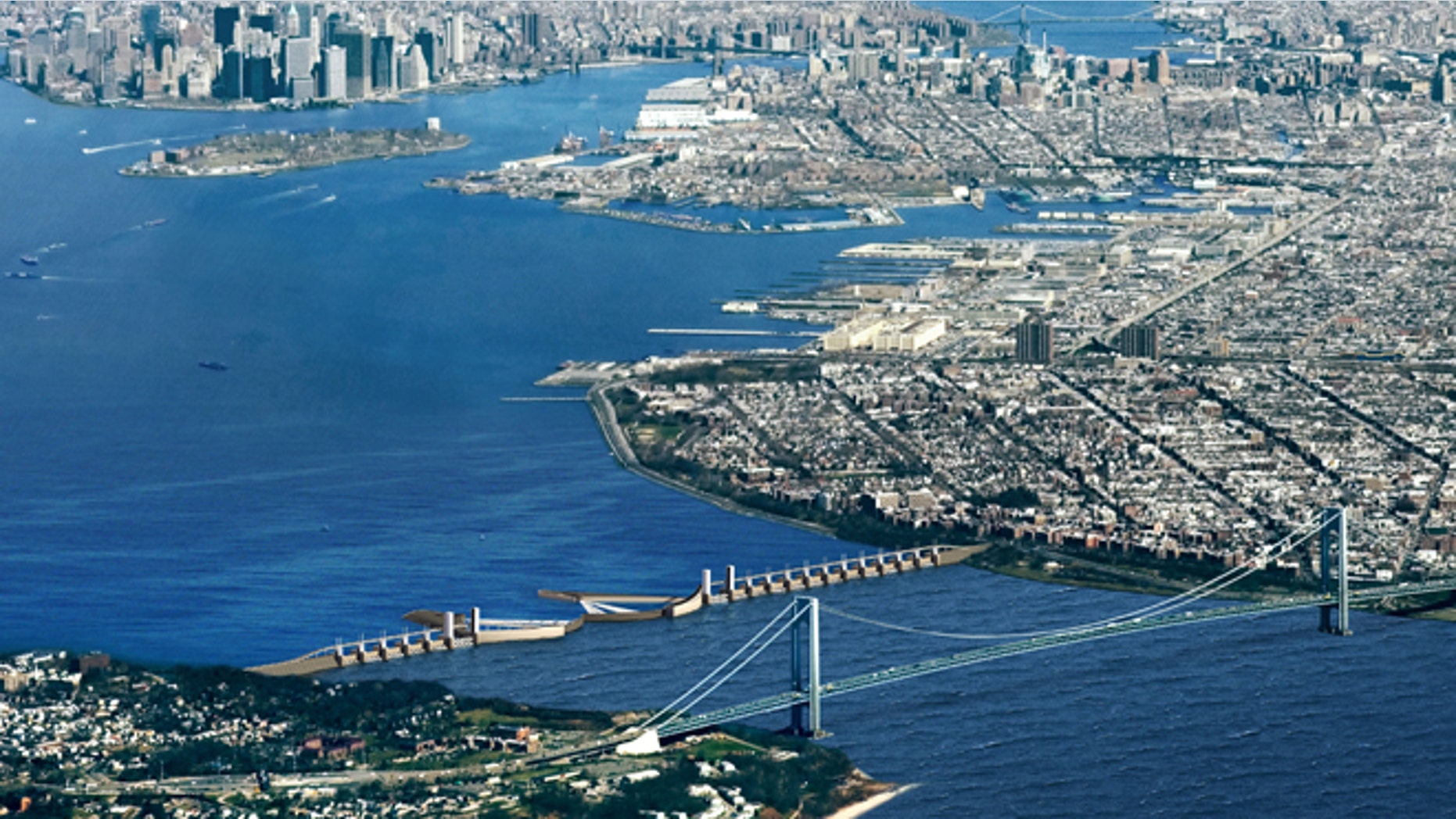 A proposal by Dutch engineering firm Arcadis to build a barrier in the Verrazano Narrows between New York's Brooklyn borough and Staten Island, shielding the Upper New York Bay.