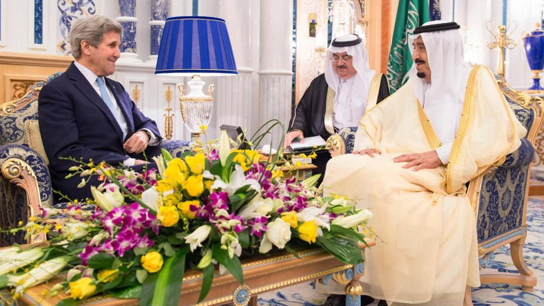 May 15, 2016: Saudi Arabia King Salman bin Abdul Aziz, right, meets with U.S. Secretary of State John Kerry in Jiddah, Saudi Arabia. (Saudi Press Agency via AP)
