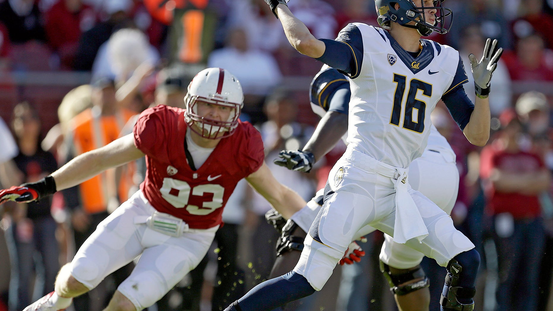 California quarterback Jared Goff (16) throws under pressure from Stanford linebacker Trent Murphy (93) during the first half of an NCAA college football game in Stanford, Calif., Saturday, Nov. 23, 2013. (AP Photo/Tony Avelar)