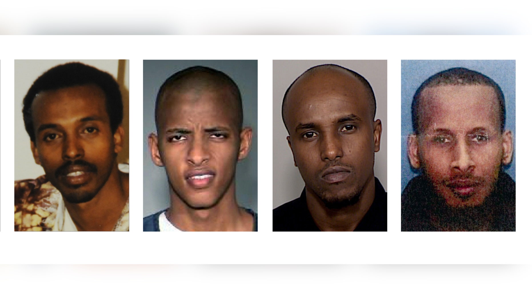 FILE - This combination of undated photos show Somali nationals, from left, Mahamud Said Omar, Abdifatah Yusuf Isse, Salah Osman Ahmed, and Omer Abdi Mohamed. Nine people convicted in a government investigation of terror recruitment and financing for an al-Qaida-linked group in Somalia are to be sentenced in U.S. District Court in Minneapolis. Authorities say more than 20 young men have left Minnesota to join al-Shabab since 2007(AP Photo/file)