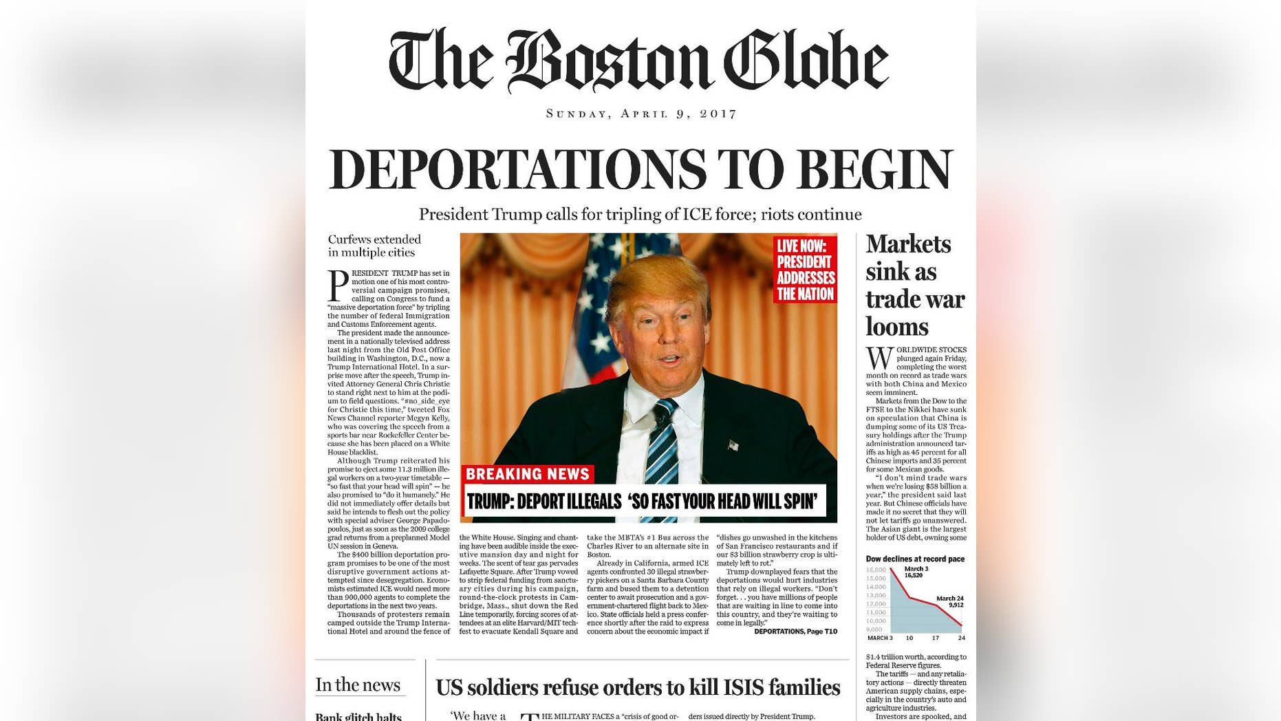 This image shows a portion of a satirical front page of The Boston Globe published on the newspaper's website on Saturday, April 9, 2016. The editorial board of The Boston Globe used the parody to express its uneasiness with a potential Donald Trump presidency. (The Boston Globe via AP)