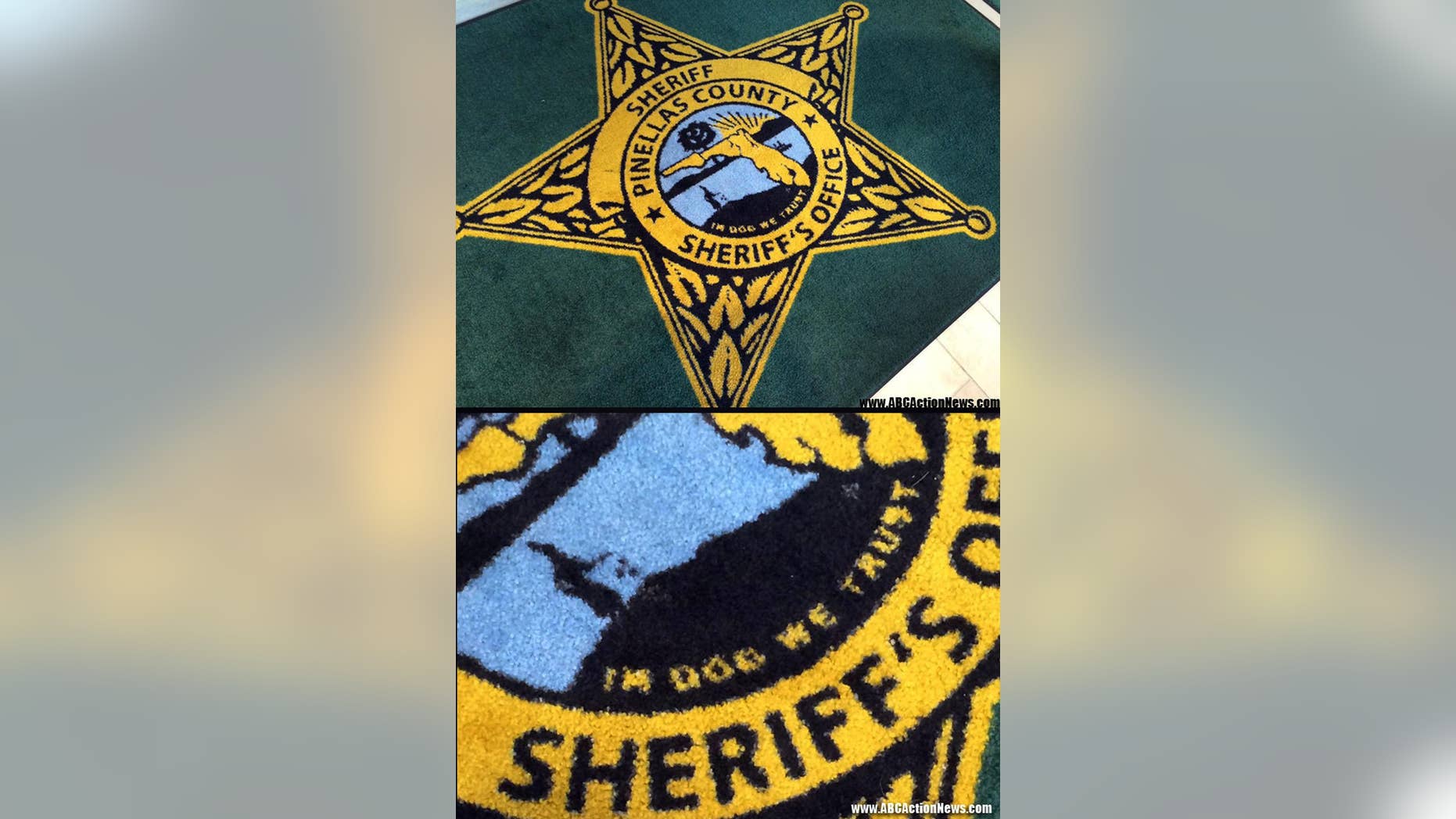 This image released by ABC Action News, shows the Pinellas County Sheriff's Office rug in Largo, Fla., Wednesday, Jan. 14, 2015. WFTS news reported that the new rugs at the sheriff's administration building say "In Dog We Trust" instead of "In God We Trust." (AP Photo/WFTS-TV/ABC Action News, Adam Winer)