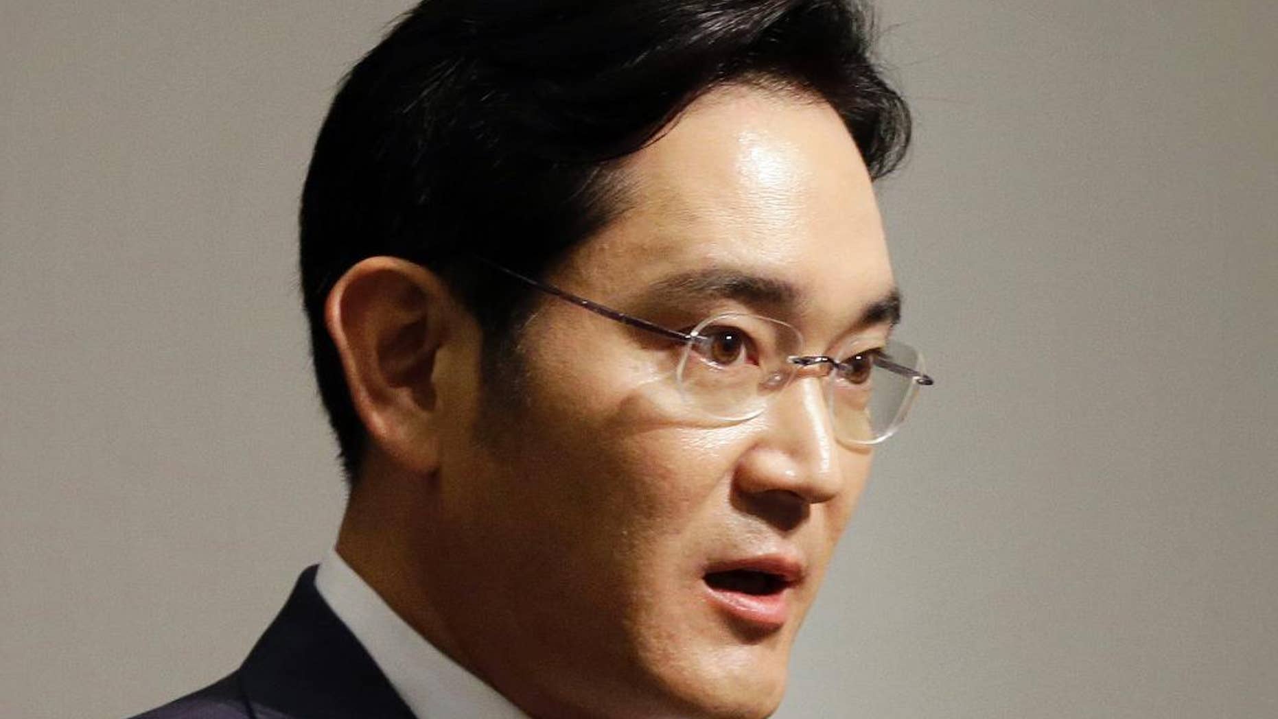 FILE - In this June 23, 2015, file photo, Lee Jae-yong, vice chairman of Samsung Electronics Co., speaks during a press conference at the company's headquarters in Seoul, South Korea. Lee, the only son of its ailing chairman, was nominated Monday, Sept. 12, 2016, to join its board of directors. The announcement comes as the South Korean company grapples with an unprecedented smartphone recall that has wiped out billions of dollars from its market value. (AP Photo/Ahn Young-joon, File)