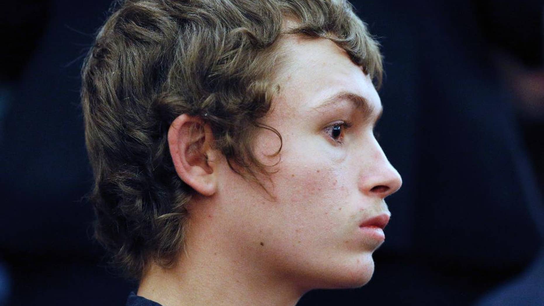 FILE - In a March 31, 2015 file photo, Erich Milton Nowsch Jr., 19, appears in court in Las Vegas. Nowsch, accused of fatally shooting Las Vegas neighborhood mother Tammy Meyers, says he mistook her for drug thugs who had threatened him and his family, according to a taped interview with Las Vegas police that defense attorneys now want tossed out of the puzzling murder case initially thought to be a road rage killing. (AP Photo/John Locher, File)