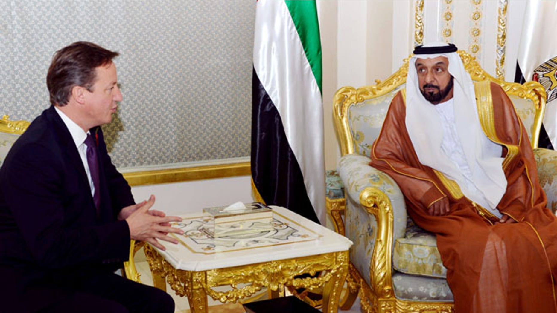 Nov. 6, 2012: British Prime Minister David Cameron, left, meets with President of the UAE, Sheikh Khalifa bin Zayed at al Nahyan at Al Rawda Palace in the city of al Ain in Abu Dhabi, United Arab Emirates.