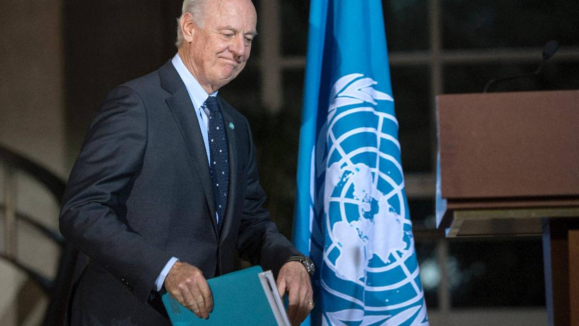 Staffan de Mistura, UN Special Envoy of the Secretary-General for Syria, arrives to a media conference after a new round of negotiations between the Syrian opposition delegation of High Negotiations Committee (HNC), at the European headquarters of the United Nations in Geneva, Switzerland, Wednesday, April 13, 2016. (Martial Trezzini/Keystone via AP)