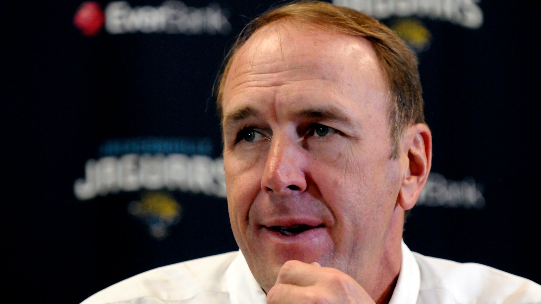 Jacksonville Jaguars head coach Mike Mularkey responds to a question during an NFL football media availability in the team locker room, Monday, Dec. 31, 2012, in Jacksonville, Fla. After four years of futility, the Jaguars are heading in a different direction with a minimum of a new general manager. (AP Photo/The Florida Times-Union, Bob Mack) TV OUT; MAGS OUT