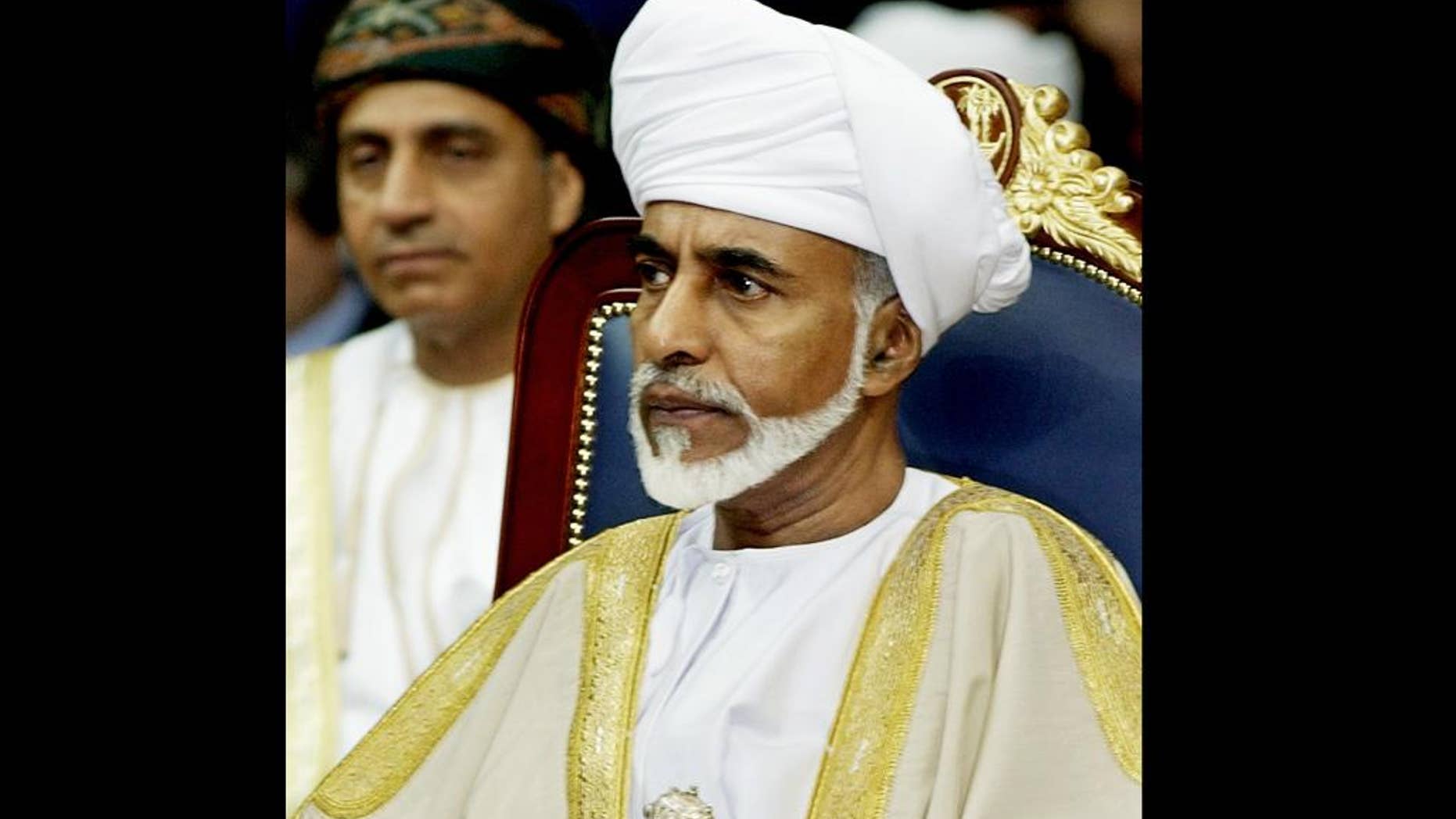 FILE - In this Saturday, Dec. 21, 2002 file photo, Sultan Qaboos bin Said of Oman attends the 23rd session of the Gulf Cooperation Council Summit in Doha, Qatar. Oman's state TV has aired images of the country's ailing 74-year-old ruler returning after several months of treatment in Germany. (AP Photo/Kevork Djansezian, File)