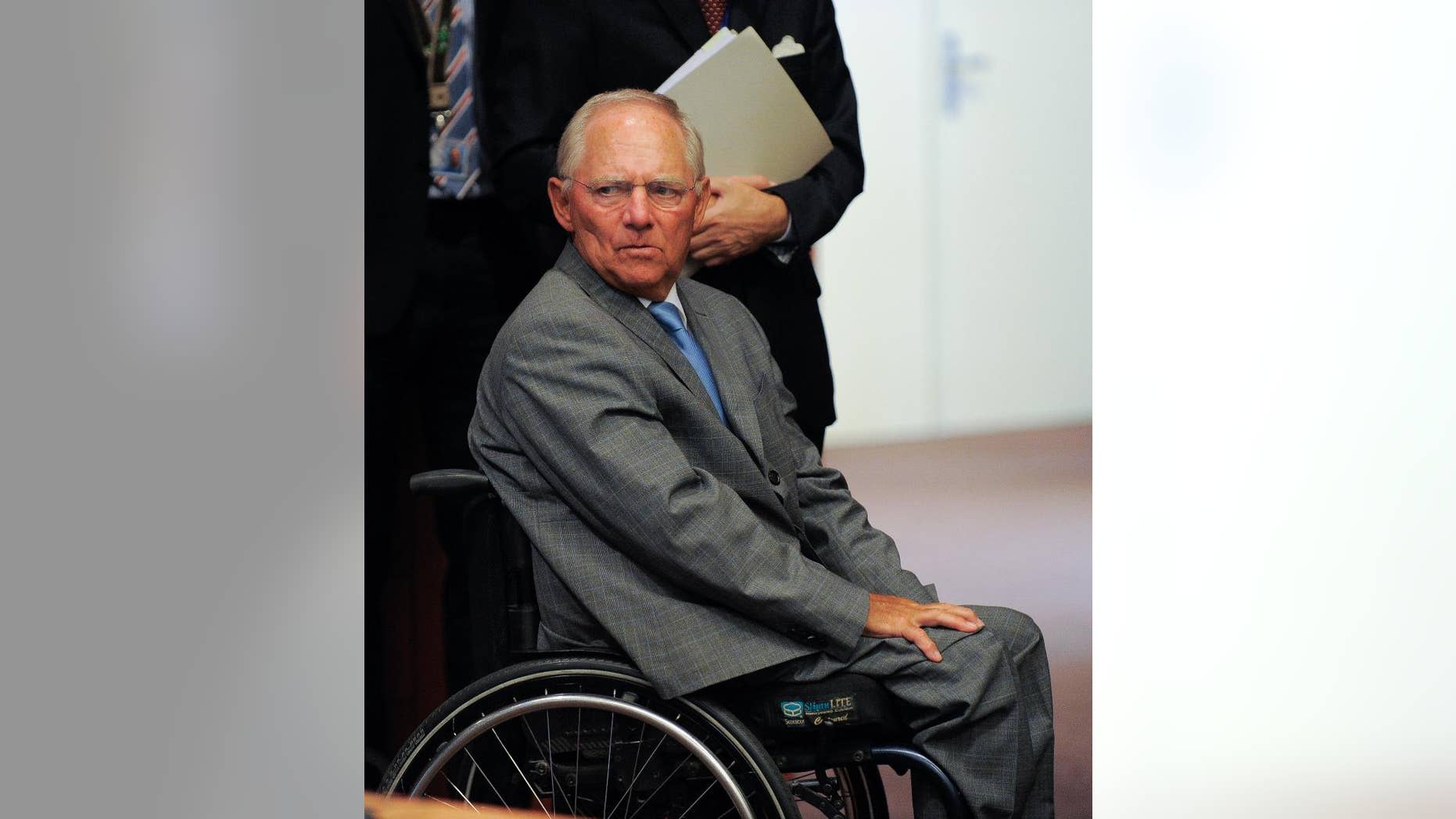 German Finance Minister Wolfgang Schaeuble during a meeting of eurozone finance ministers at the EU Council building in Brussels on Friday, Aug. 14, 2015. (AP Photo/Laurent Dubrule)
