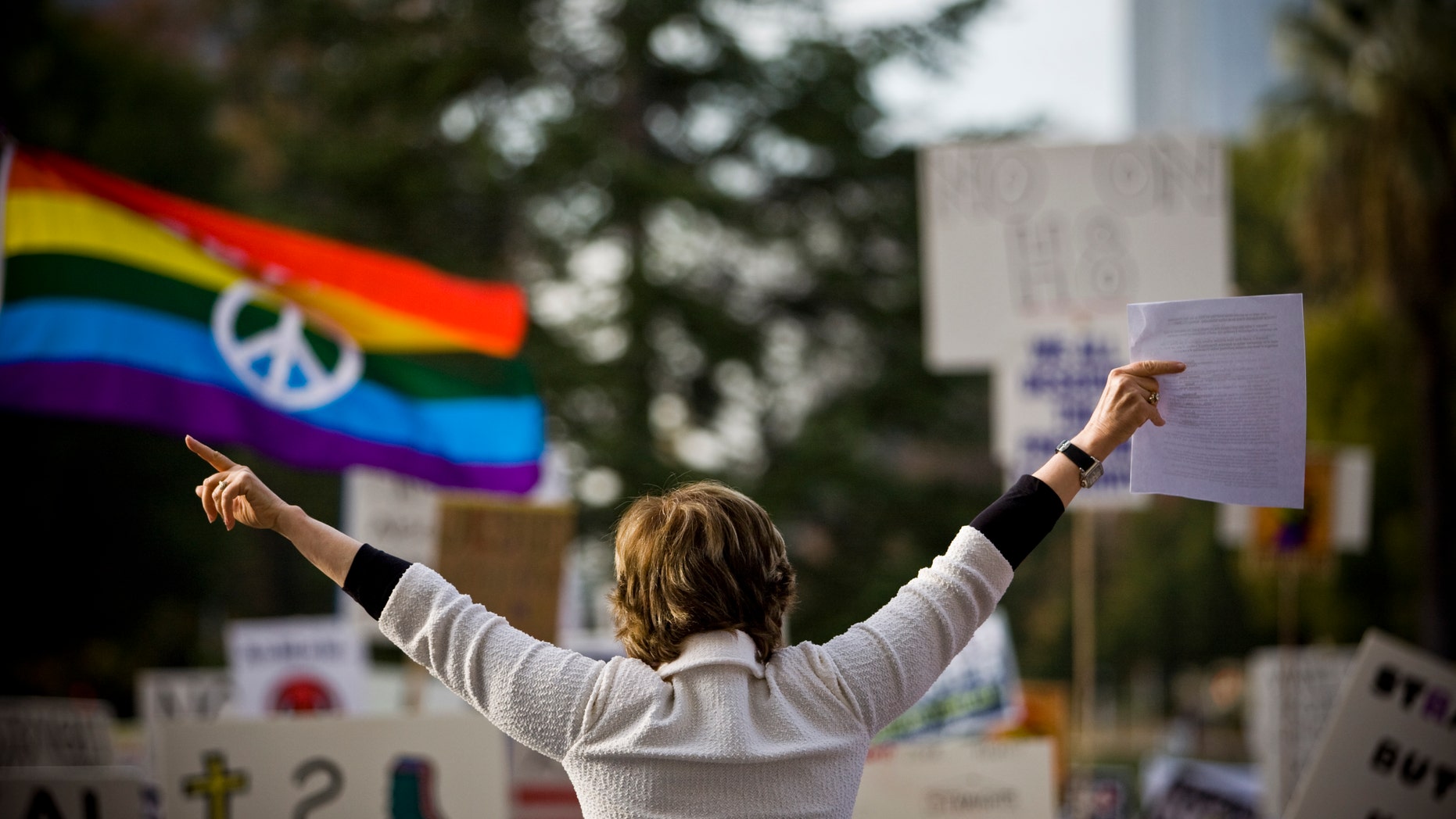 SACRAMENTO, CA - NOVEMBER 22: Attorney Gloria Allred holds up court documents stating that the California Supreme Court has agreed to deliberate on the validity of Proposition 8, during a rally on the steps of the State Capitol November 22, 2008 in Sacramento, California. People across the country continue to protest the passing of California State Proposition 8 which makes gay marriage in California illegal. (Photo by Max Whittaker/Getty Images)