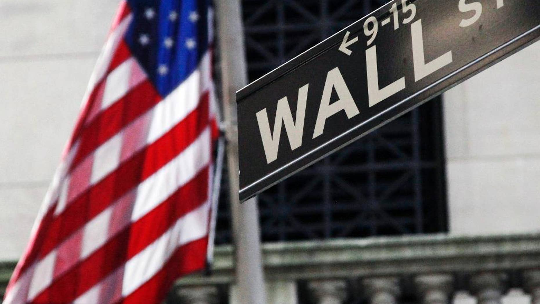 FILE - This Monday, July 15, 2013 file photo shows the American flag and Wall Street street sign outside the New York Stock Exchange, in New York. Stocks are moderately lower in early trading Thursday, May 28, 2015, a day after the Nasdaq composite closed at a record high. (AP Photo/Mark Lennihan, File)
