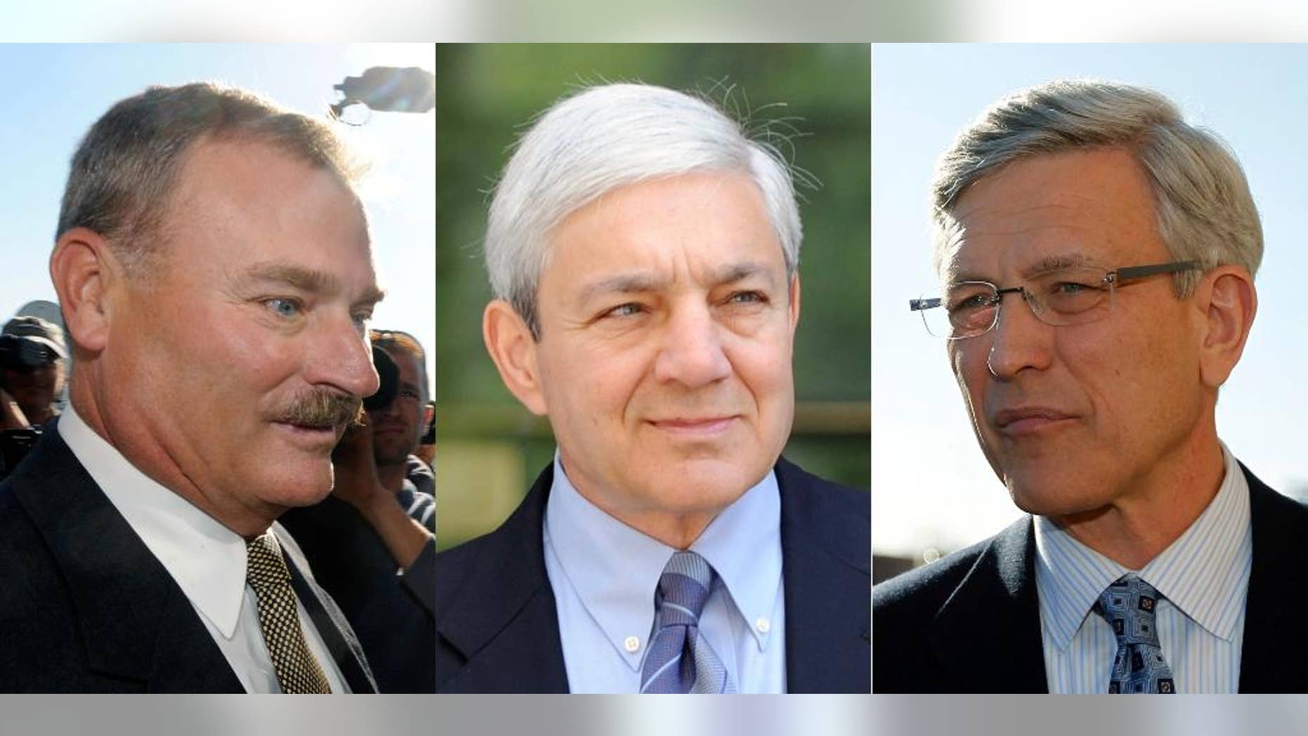 FILE - This combination of 2011 and 2013 photo shows, from left, former Penn State vice president Gary Schultz, former Penn State president Graham Spanier, and former Penn State director of athletics Tim Curley in Harrisburg, Pa. A Pennsylvania appeals court said Wednesday, March 30, 2016, it won't reconsider a recent decision throwing out some of the most serious criminal charges against three former Penn State administrators related to their handling of the Jerry Sandusky child molestation scandal. (AP Photo/Brad Bower, Matt Rourke)