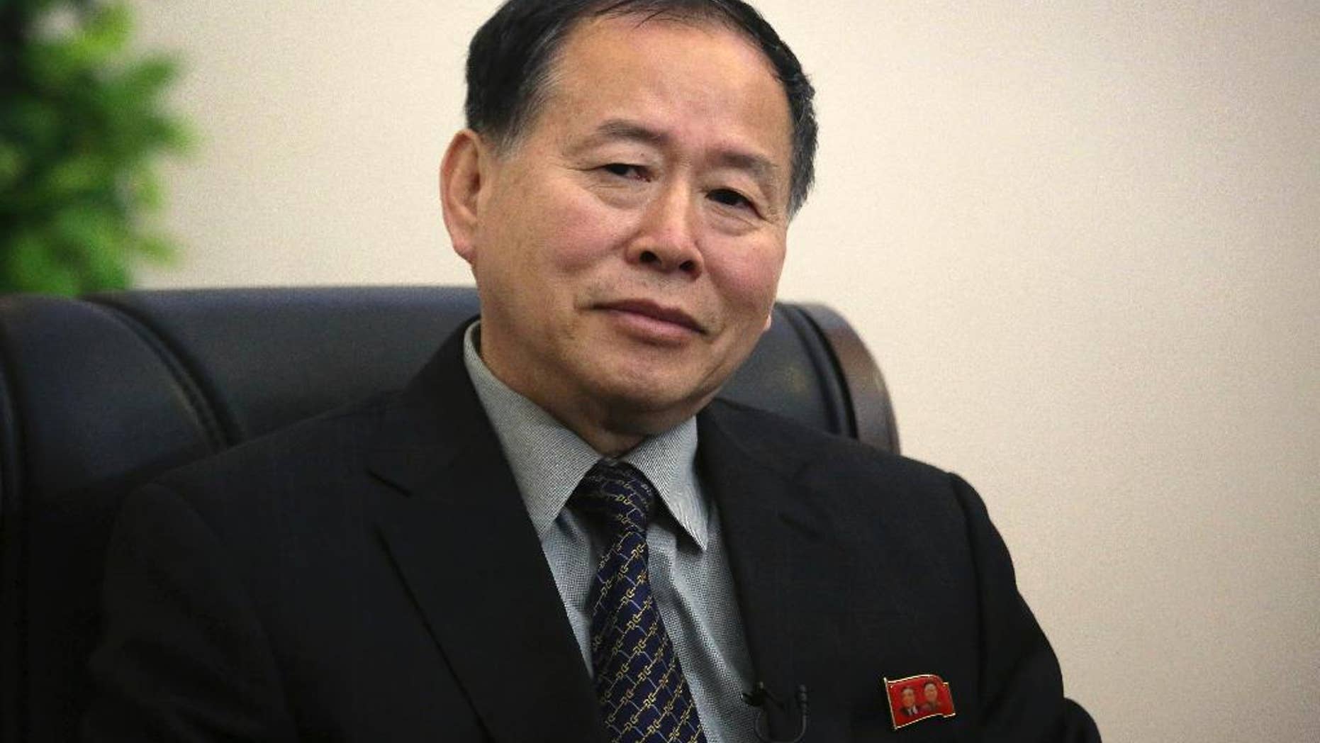 Han Song Ryol, North Korea's vice minister of foreign affairs speaks during an interview with The Associated Press on Friday, April 14, 2017, in Pyongyang, North Korea. (AP Photo/Wong Maye-E)