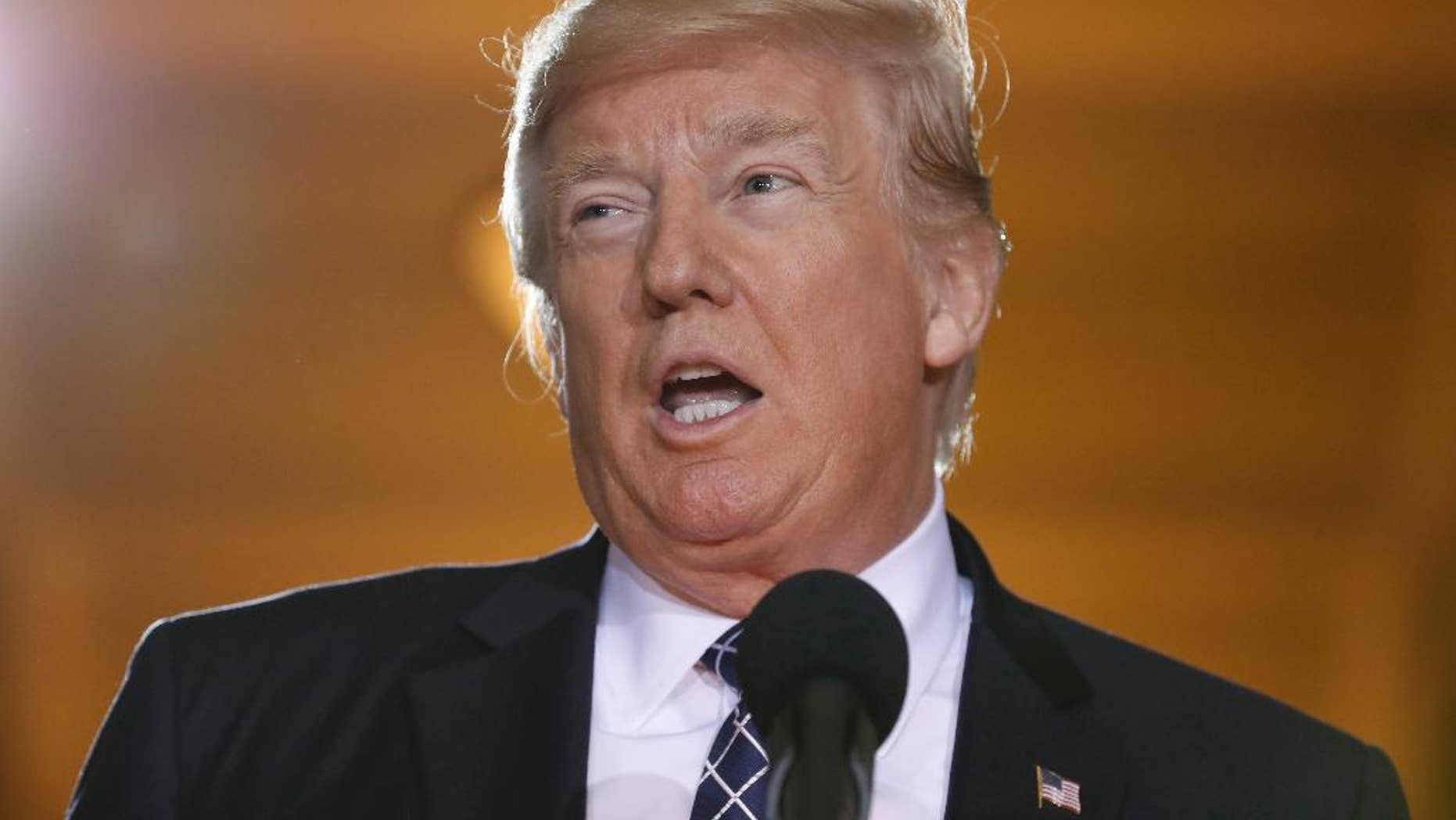 President Donald Trump speaks on Capitol Hill in Washington, Tuesday, April 25, 2017, during the United States Holocaust Memorial Museum's National Days of Remembrance ceremony. (AP Photo/Carolyn Kaster)