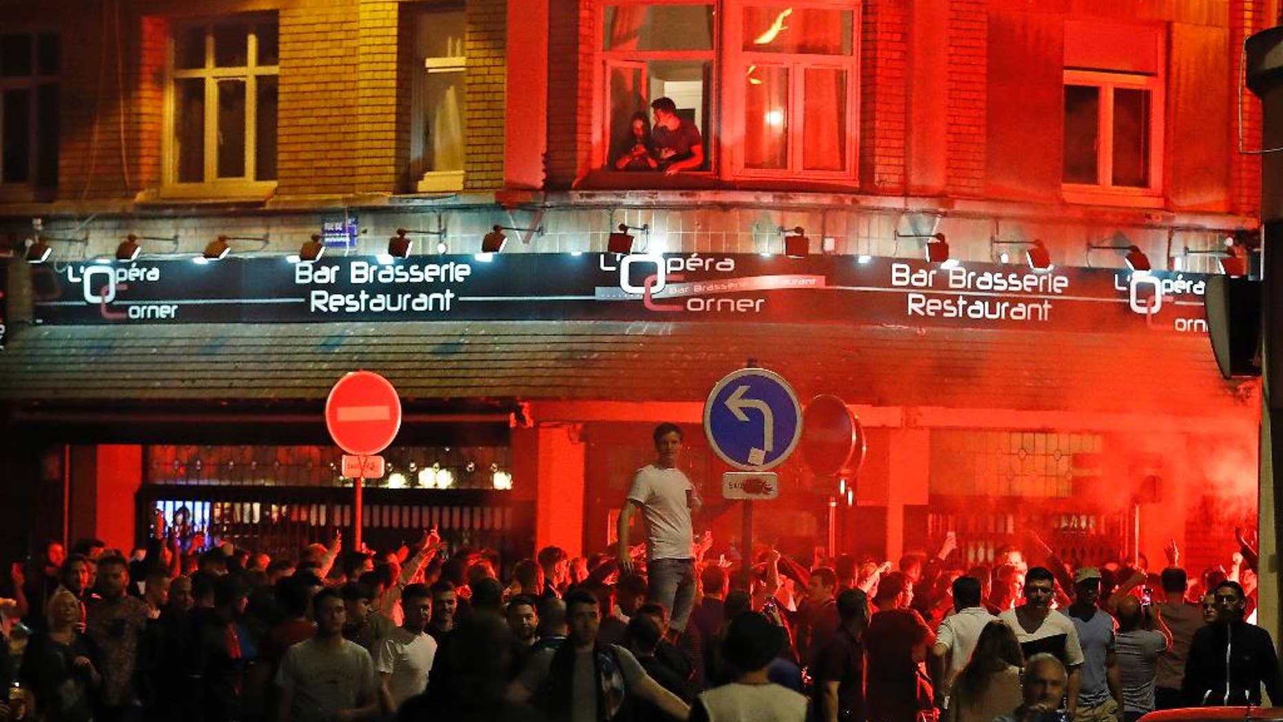 England supporters gather outside a bar in downtown Lille, France Wednesday, June 15, 2016 one day ahead of the Euro 2016 Group B soccer match against Wales in nearby Lens.