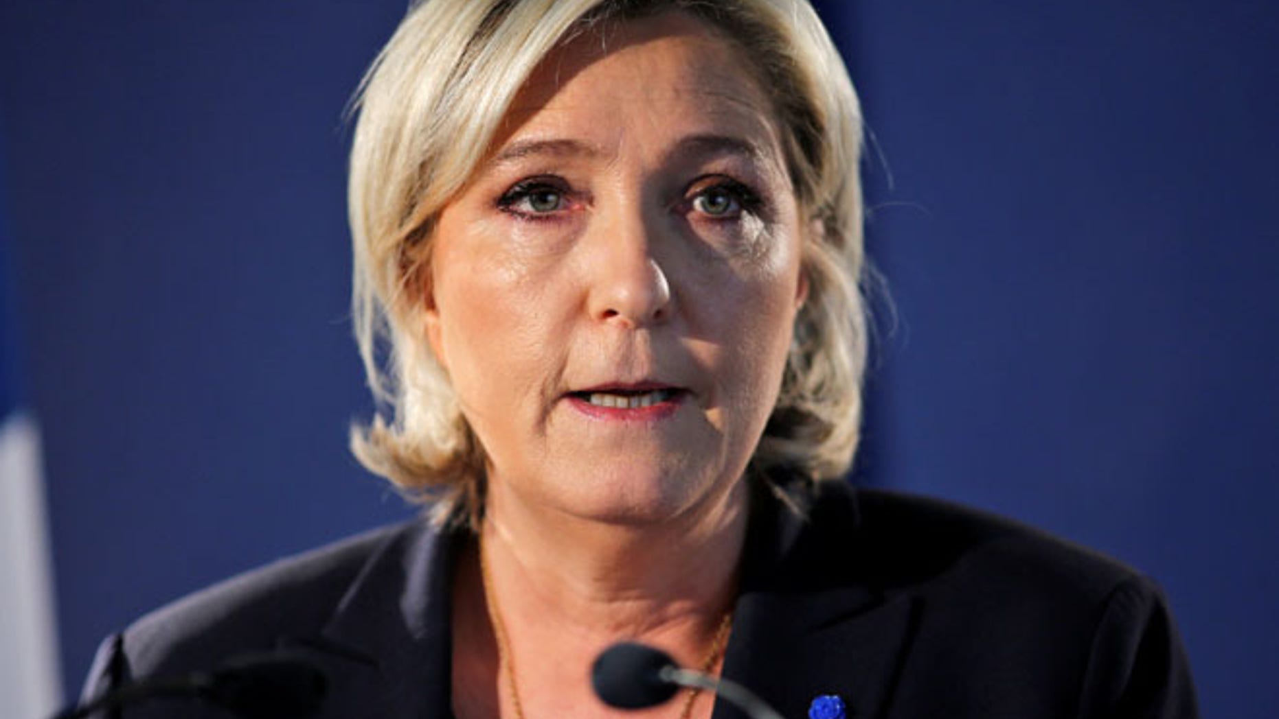 APRIL 21: Marine Le Pen, French National Front political party leader attends a news conference in Paris
