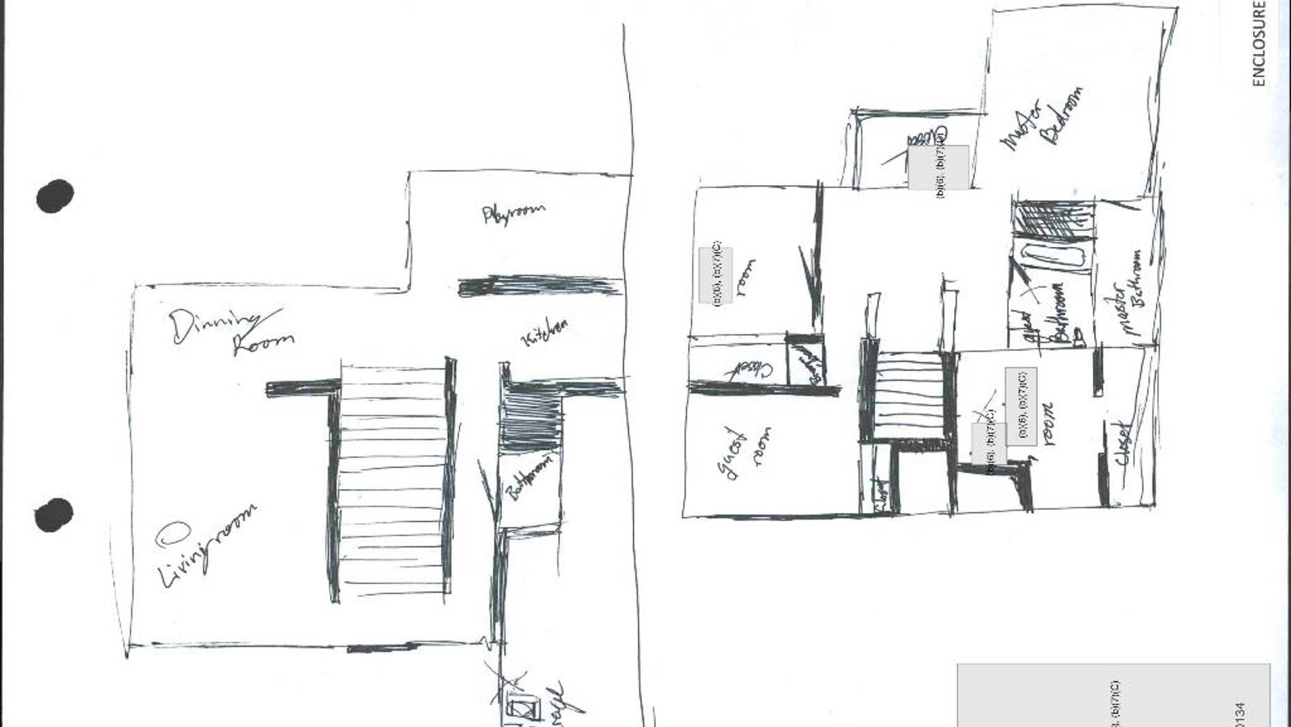 This diagram taken from U.S. Naval Criminal Investigative Service report, is of a drawing by Cpl. Aaron C. Masa during his interrogation showing the floor plan of the home, using X’s and O’s to show where the abuse occurred. A military judge convicted Masa of sexual abuse of a child and production of child pornography, according to court records and other documents detailing the case. Under the terms of a pretrial agreement, he agreed to plead guilty and received 30 years in prison. (U.S. Naval Criminal Investigative Service via AP)