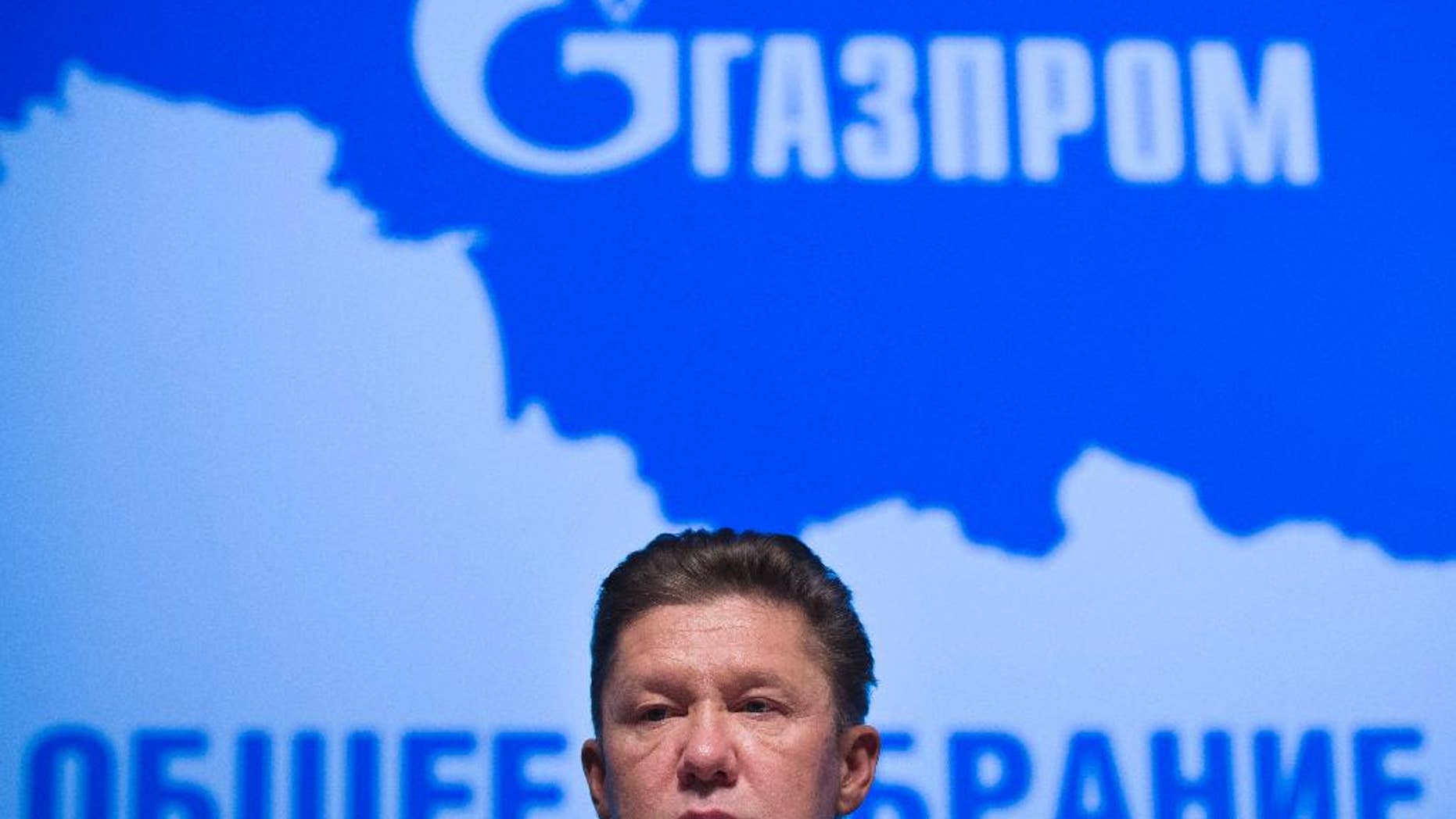 Russian state-run natural giant Gazprom CEO Alexei Miller attends an annual shareholders' meeting in the Gazprom headquarters in Moscow, Russia, Friday, June 27, 2014. Gazprom halted supplies to Ukraine last week amid a dispute over Ukraine’s mounting debts, raising fears of disruption in Russian gas supplies to Europe.(AP Photo/Alexander Zemlianichenko)