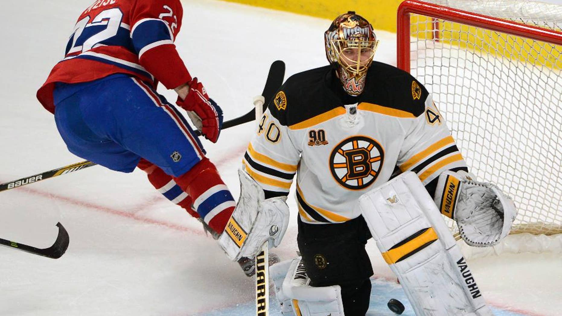 Montreal Canadiens right wing Dale Weise (22) scores the third goal against Boston Bruins goalie Tuukka Rask (40) during second period in Game 3 of an NHL hockey Stanley Cup playoff series, Tuesday, May 6, 2014, in Montreal. (AP Photo/The Canadian Press, Ryan Remiorz)