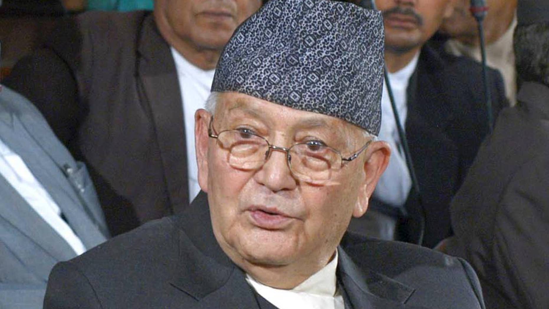 FILE- An April 28, 2006 file photo of Nepal’s former prime minister Surya Bahadur Thapa, in Kathmandu, Nepal. Thapa, who served as Nepal's prime minister five times, has died in a hospital in India where he was being treated for stomach cancer. He was 87. (AP Photo/Binod Joshi, file)