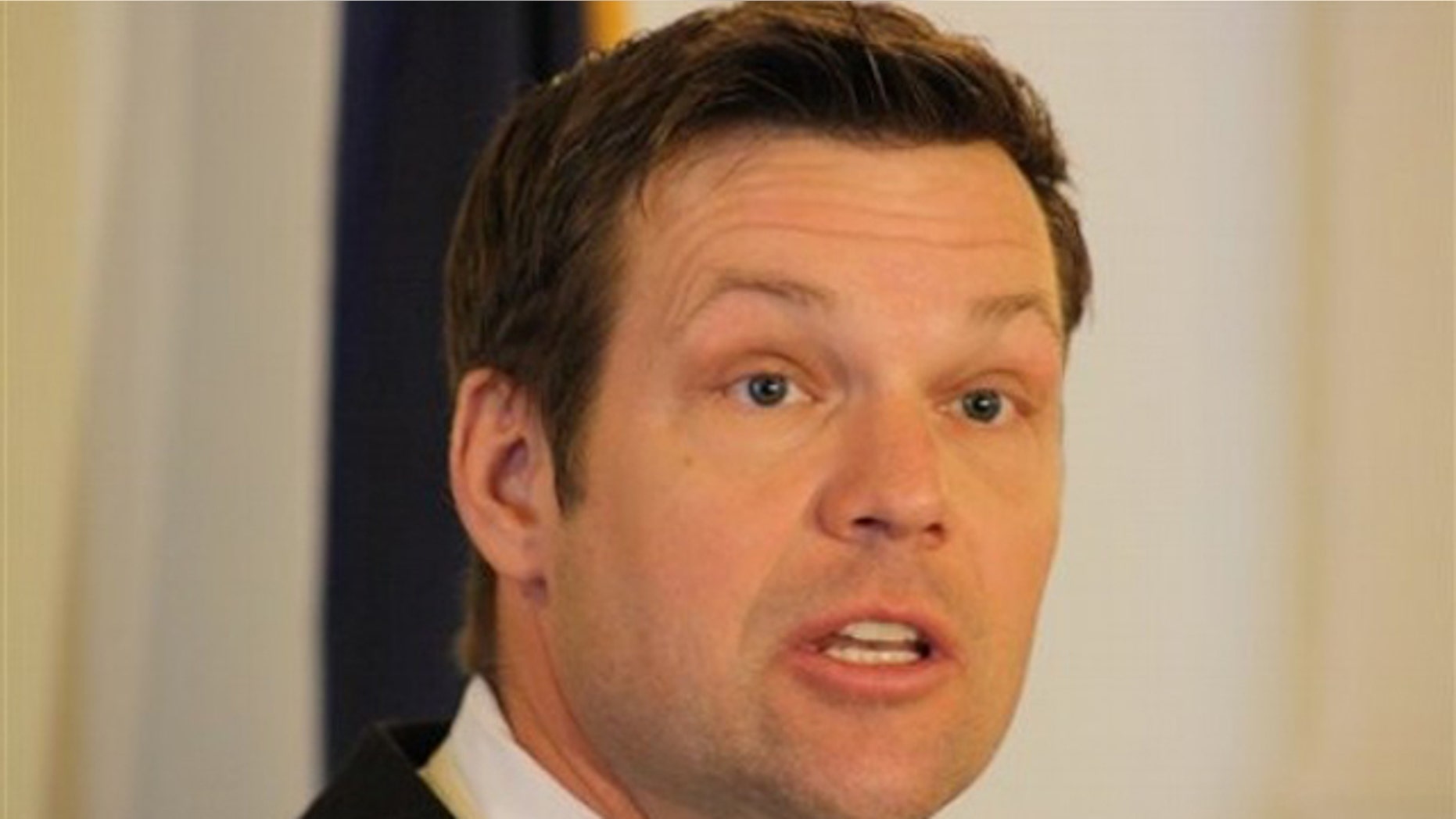 Kansas Secretary of State Kris Kobach speaks during a news conference about his legislation for fighting election fraud, Tuesday, Jan. 18, 2011, in Topeka, Kan. (AP Photo/John Milburn)