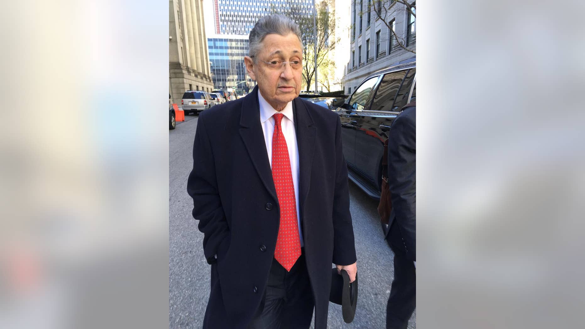 FILE- In this April 14, 2016 file photo, former New York Assembly Speaker Sheldon Silver leaves court in New York. Silver will learn his fate following his November conviction in a $5 million corruption case. Judge Valerie Caproni is scheduled to sentence the Manhattan Democrat on Tuesday, May 3. (AP Photo/Larry Neumeister, File)