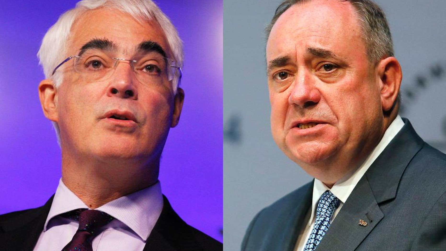 This combination of 2010 and 2014 photos shows British Chancellor Alistair Darling and Scotland's First Minister Alex Salmond. On Monday, Aug. 25, 2014, Scotland's pro-independence First Minister Salmond and Darling, leader of the "No" campaign, will take part in the last televised debate between the political leaders before the Sept. 18, 2014 referendum. (AP Photo/Sang Tan, Frank Augstein)