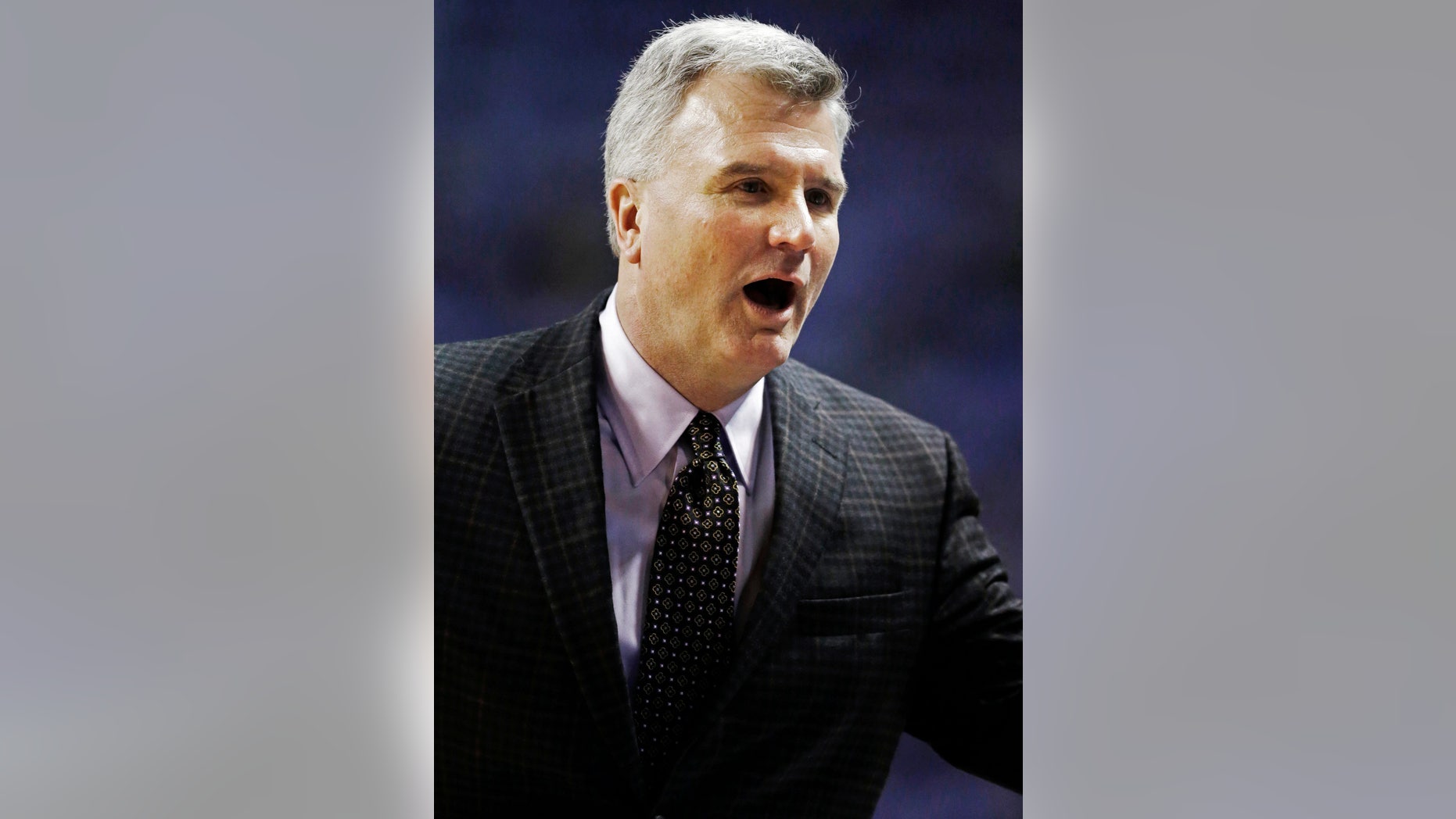 Kansas State head coach Bruce Weber reacts to a call during the second half of an NCAA college basketball game against South Dakota in Manhattan, Kan., Monday, Dec. 31, 2012. Kansas State won 70-50. (AP Photo/Orlin Wagner)