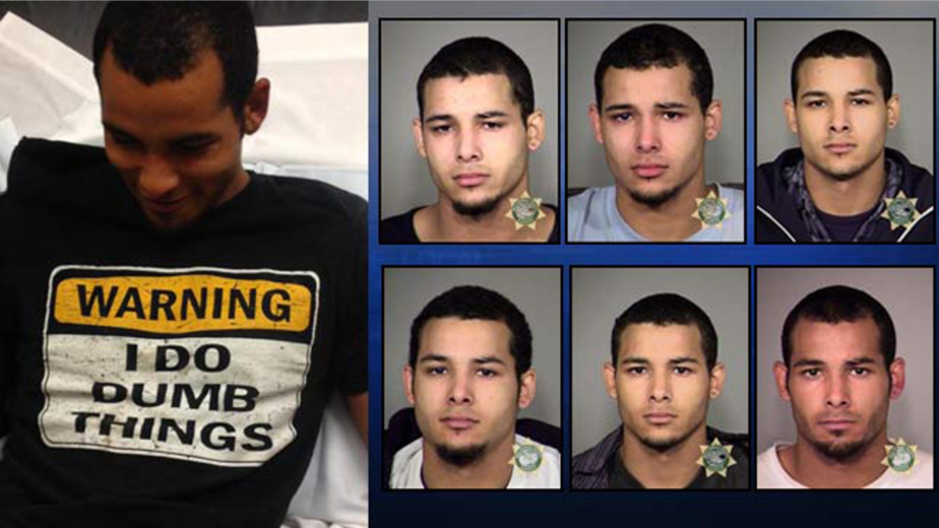 Roshawn Garrett following latest arrest on left, previous jail booking photos on right.